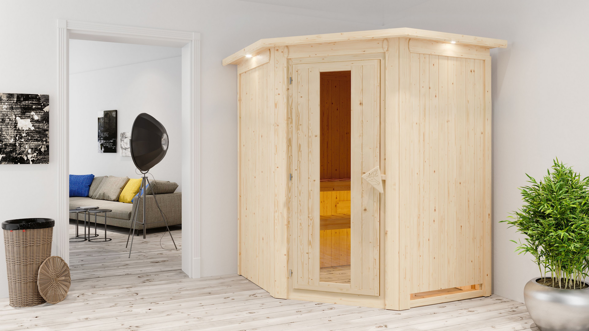Karibu Elementsauna 'Adora' naturbelassen mit Energiespartür und Kranz 9 kW Ofen integrierte Steuerung 165 x 165 x 202 c...
