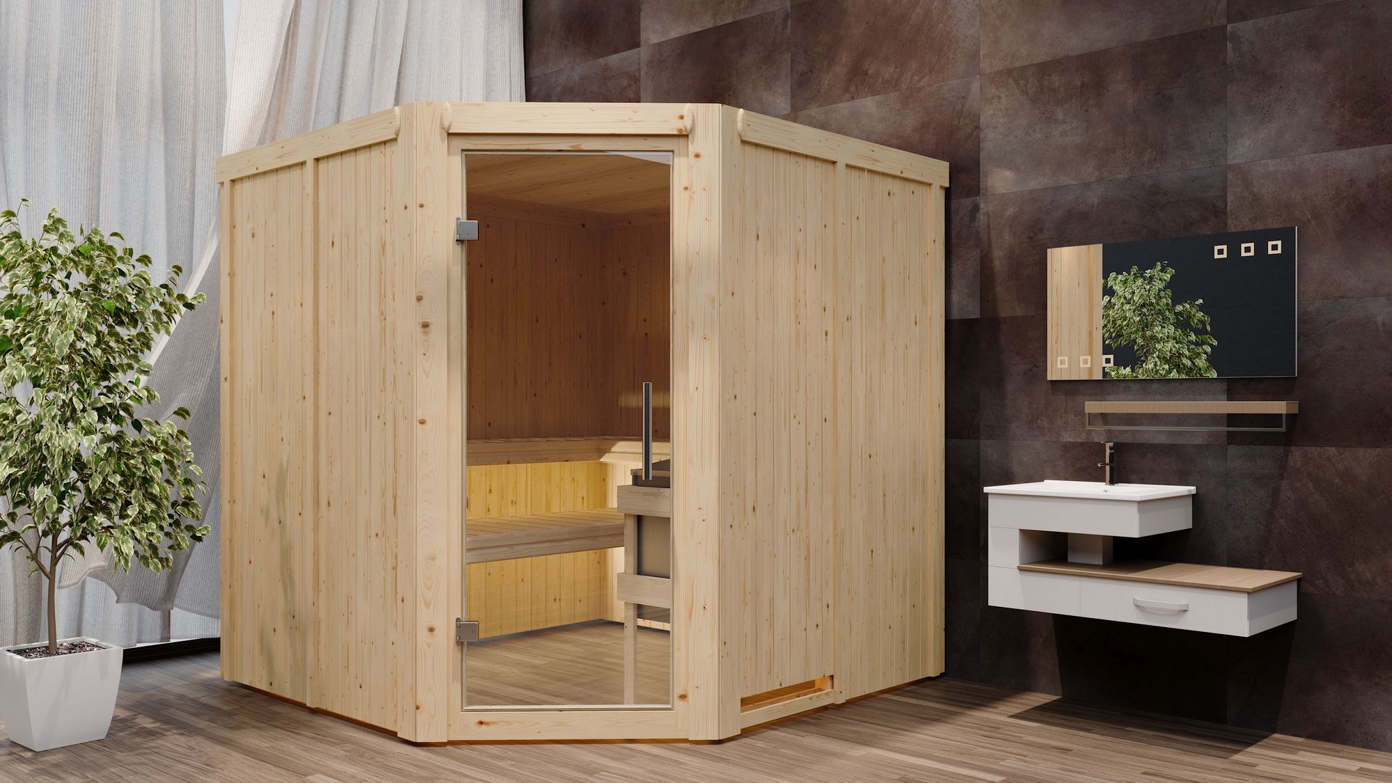 Karibu Elementsauna 'Alicia' naturbelassen mit Klarglastür 9 kW Bio-Ofen externe Steuerung easy 196 x 196 x 198 cm
