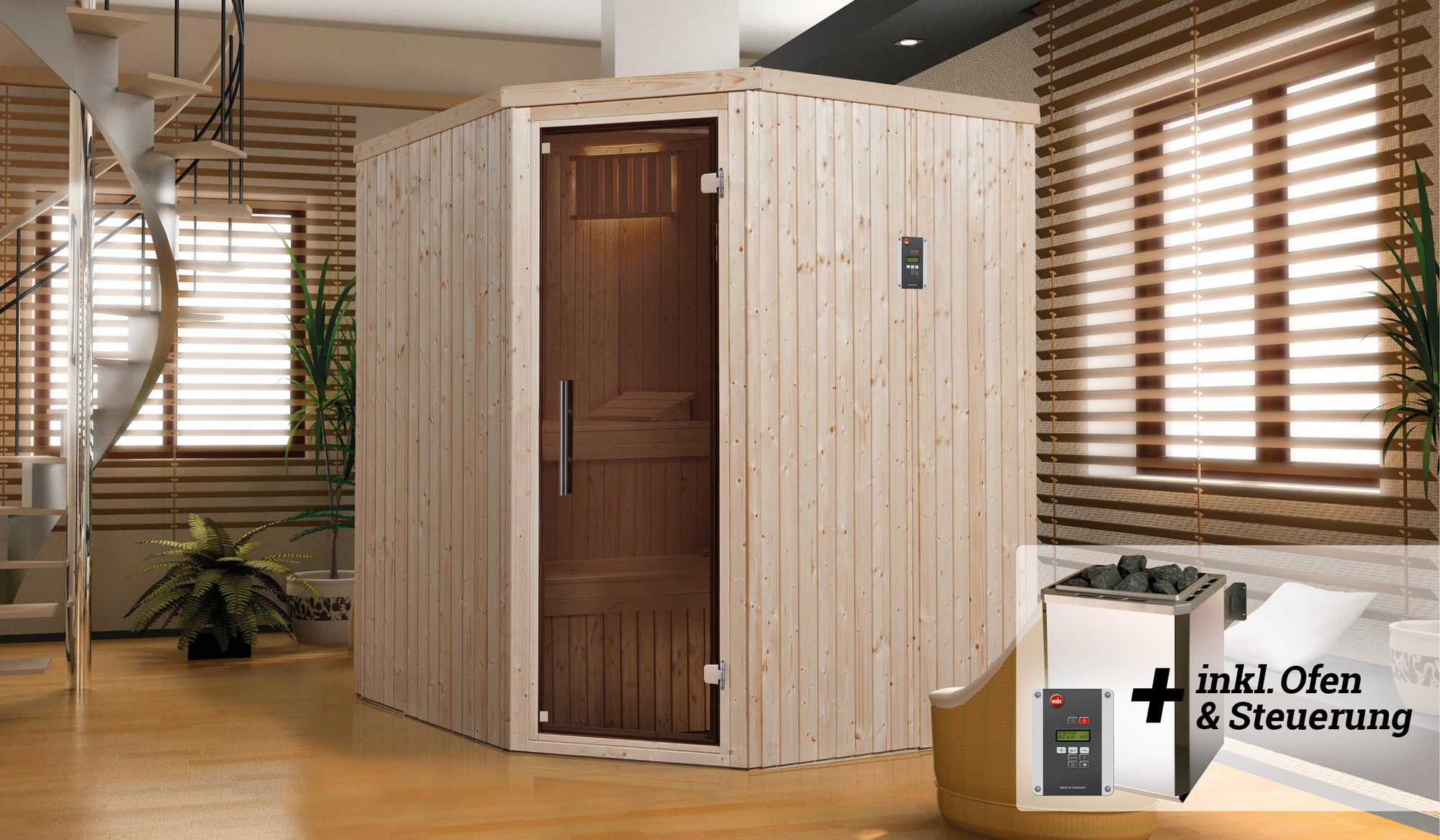 Weka Elementsauna 'Varberg 2 Eck' mit 7,5 kW OS-Ofenset, Steuerung, Glastür 192 x 175 x 199 cm