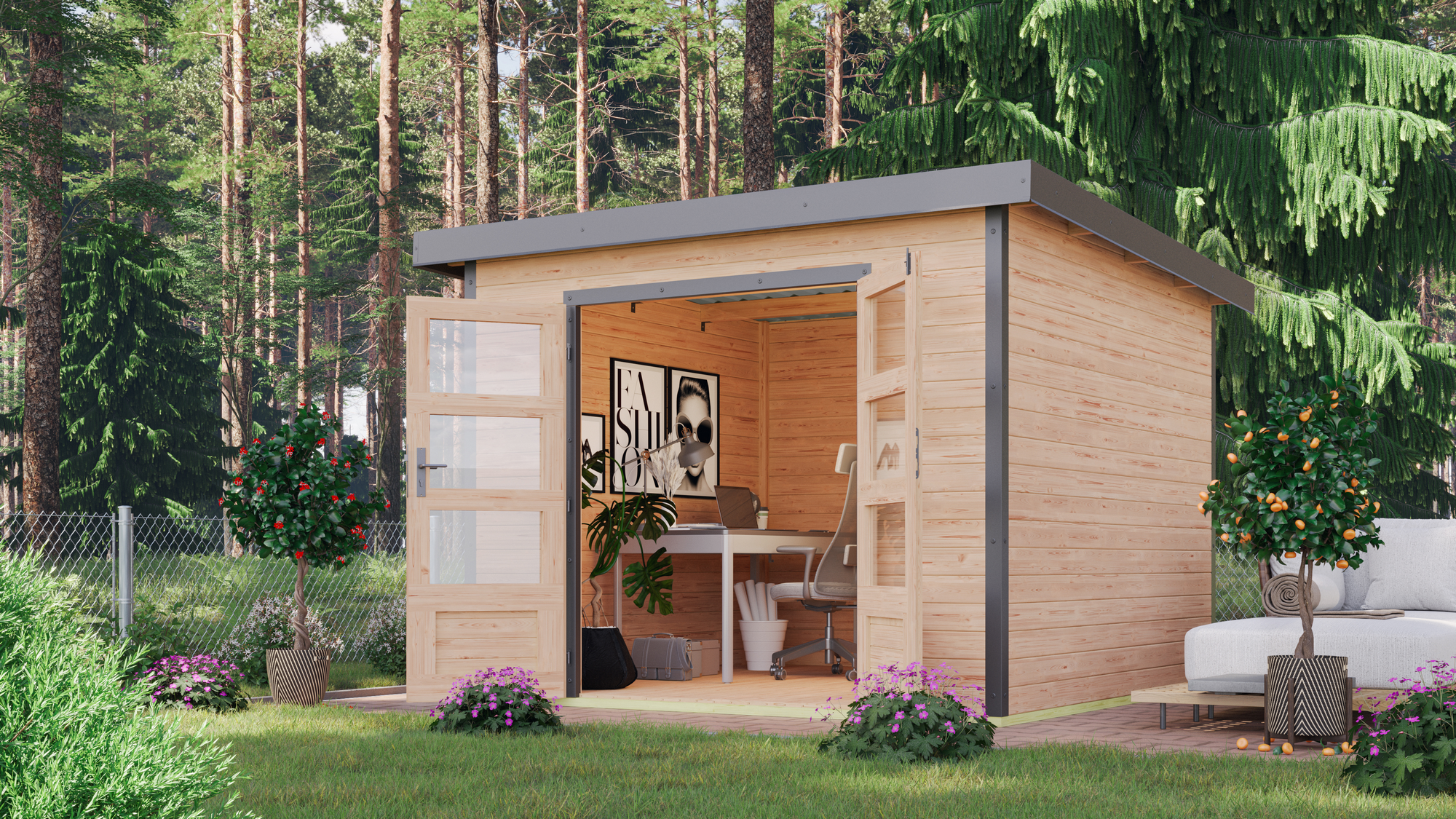 Karibu Metall-Holzgartenhaus 'Meteor 6 A' Fichtenholz naturbelassen Metall graualuminium 271 x 218,5 x 271 cm