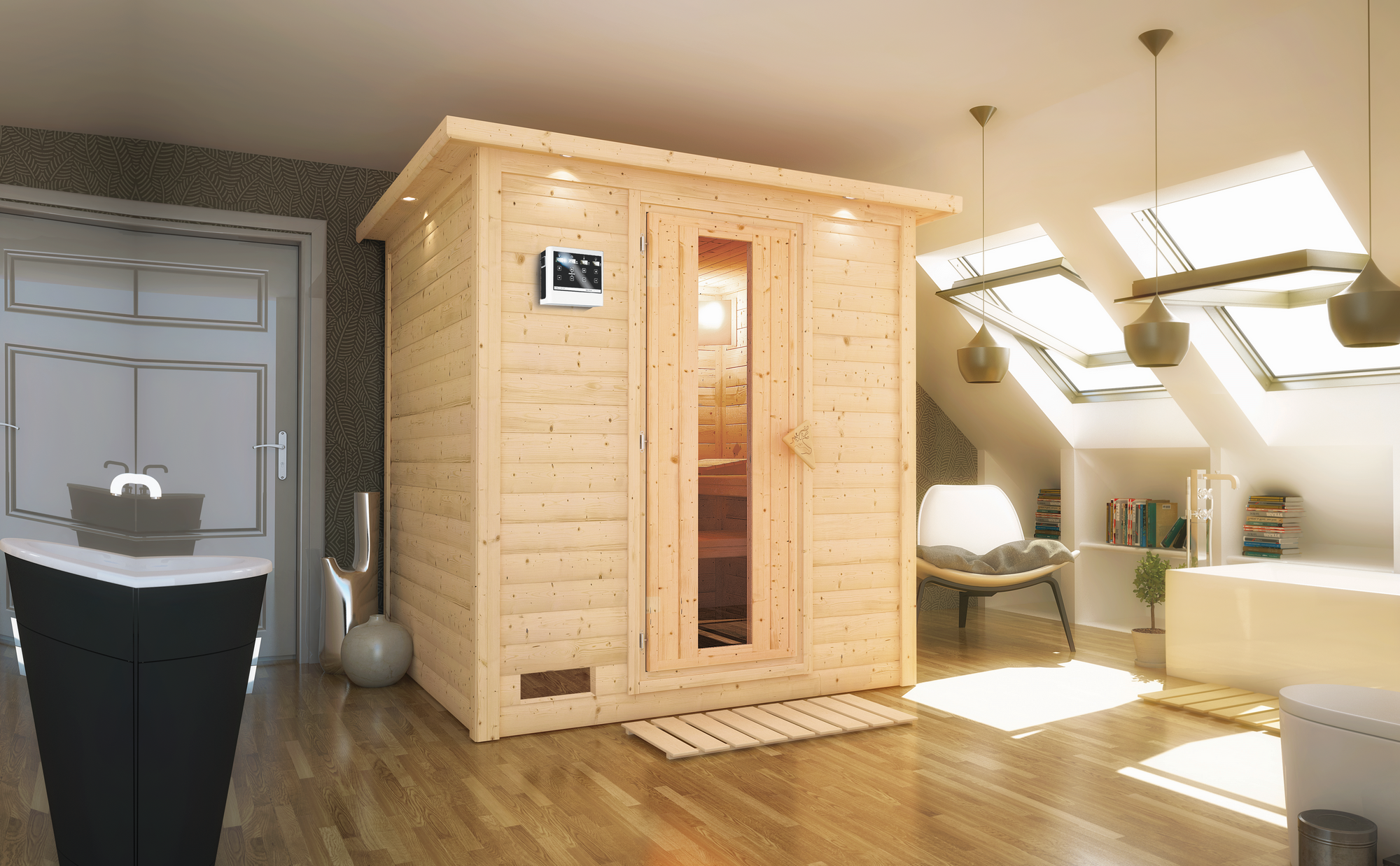 Karibu Massivholzsauna 'Luna' naturbelassen mit Kranz und EnergiesparTür 9 kW Bio-Ofen externe Steuerung Easy 224 x 210 ...