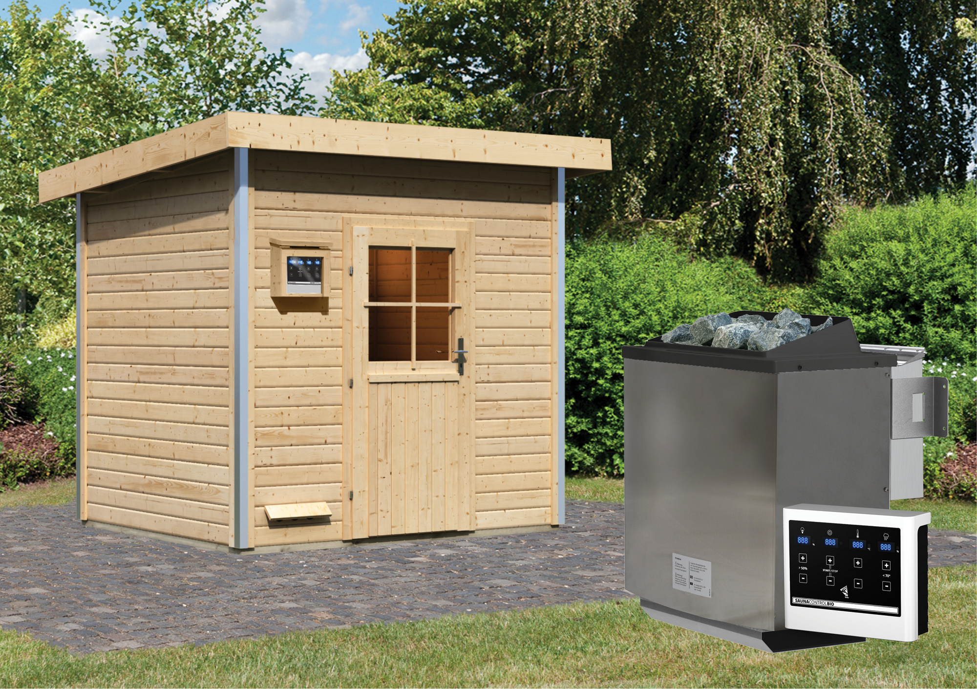 Karibu Saunahaus 'Norge' naturbelassen mit klassischer Tür 9 kW Bio-Ofen externe Steuerung Easy 231 x 196 x 238 cm