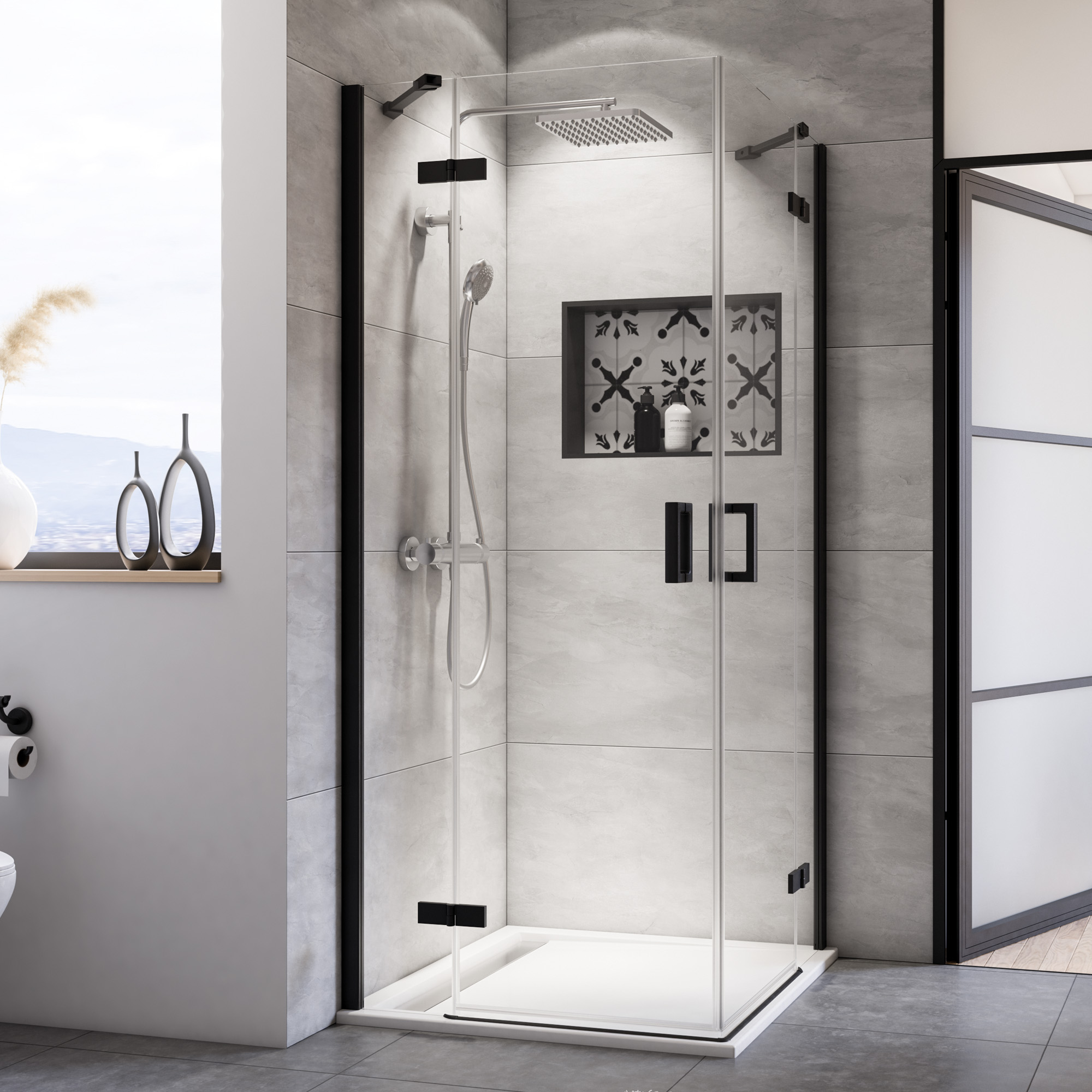 Thumbnail - Breuer Eckeinstieg mit Drehtüren 'Panorama', schwarz matt, Klarglas hell, 90 cm