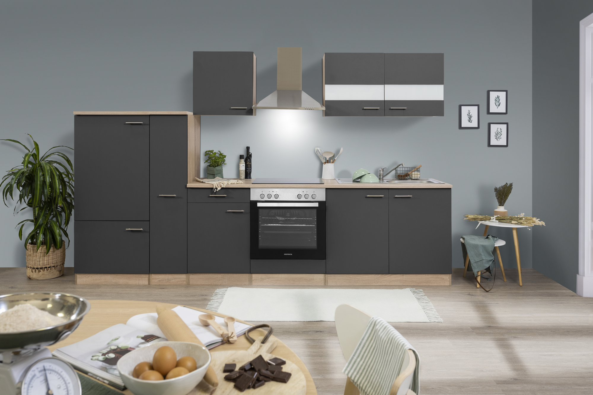 Respekta Küchenzeile 'Merle' mit E-Geräten KB300ESGC grau/eichefarben 300 cm