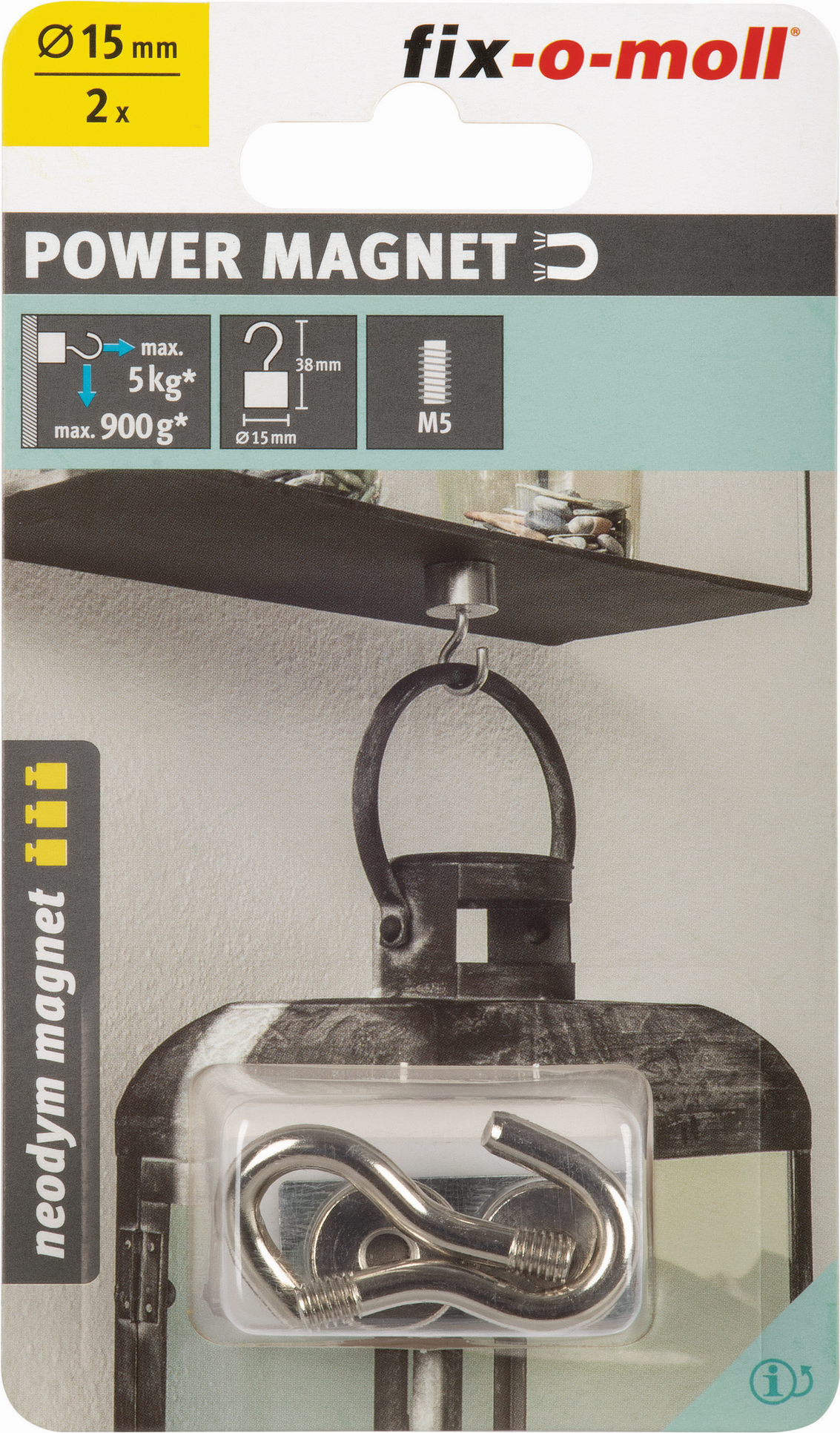 Fix-o-moll Magnethaken 'Neodym' silbern Ø 15 x 38 mm, 2 Stück