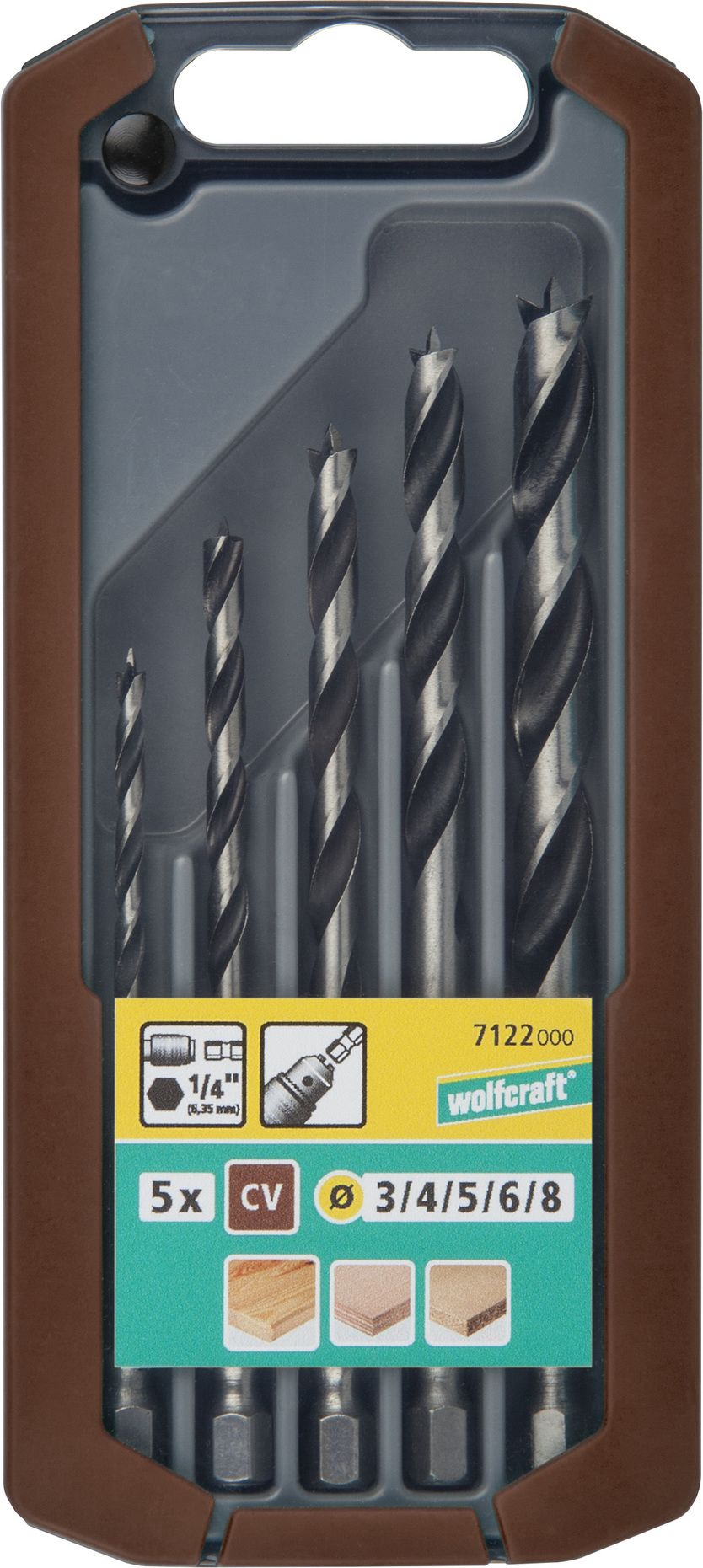 wolfcraft Holzbohrer-Set CV 5-teilig S=6-kt. ø3-8mm
