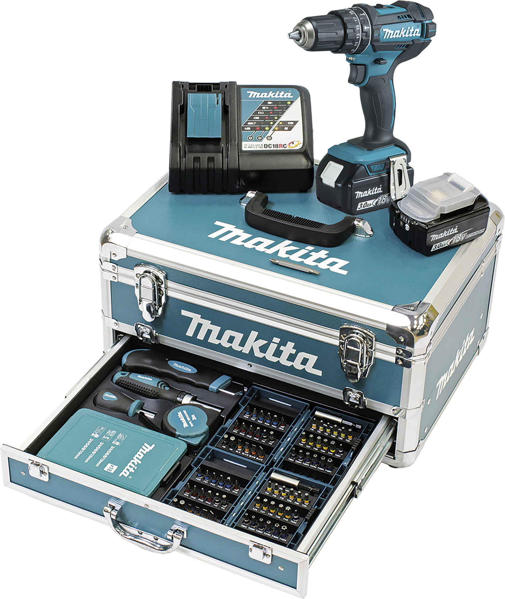 Thumbnail - Makita Akku-Schlagbohrschrauber-Set 'DHP482RFX9' 18 V mit 2 x 3,0 AH Akku und Ladegerät 96-teilig