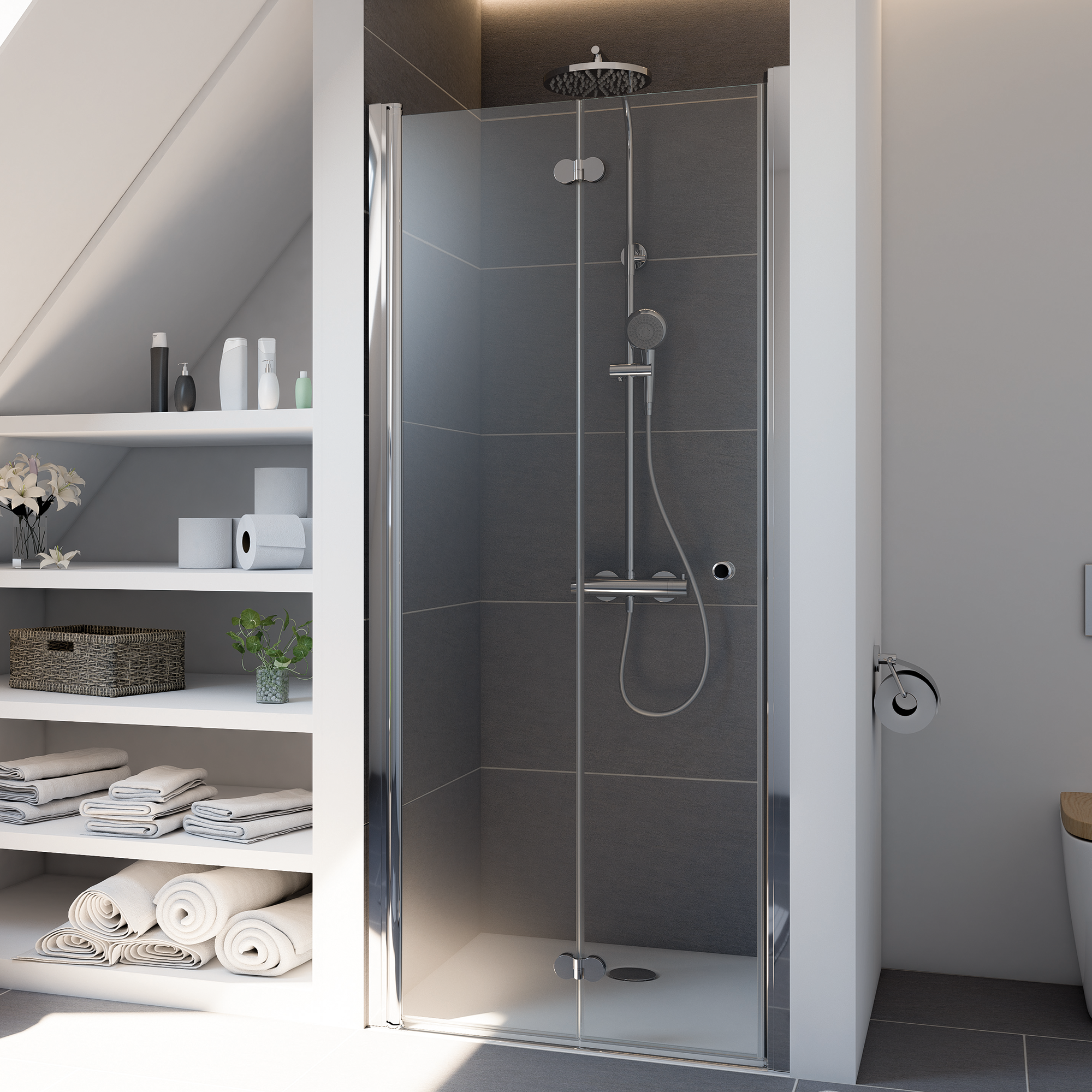 Breuer Drehfalttür 'Elana Komfort' für Nische links teilgerahmt, Klarglas silber matt 80 x 200 cm