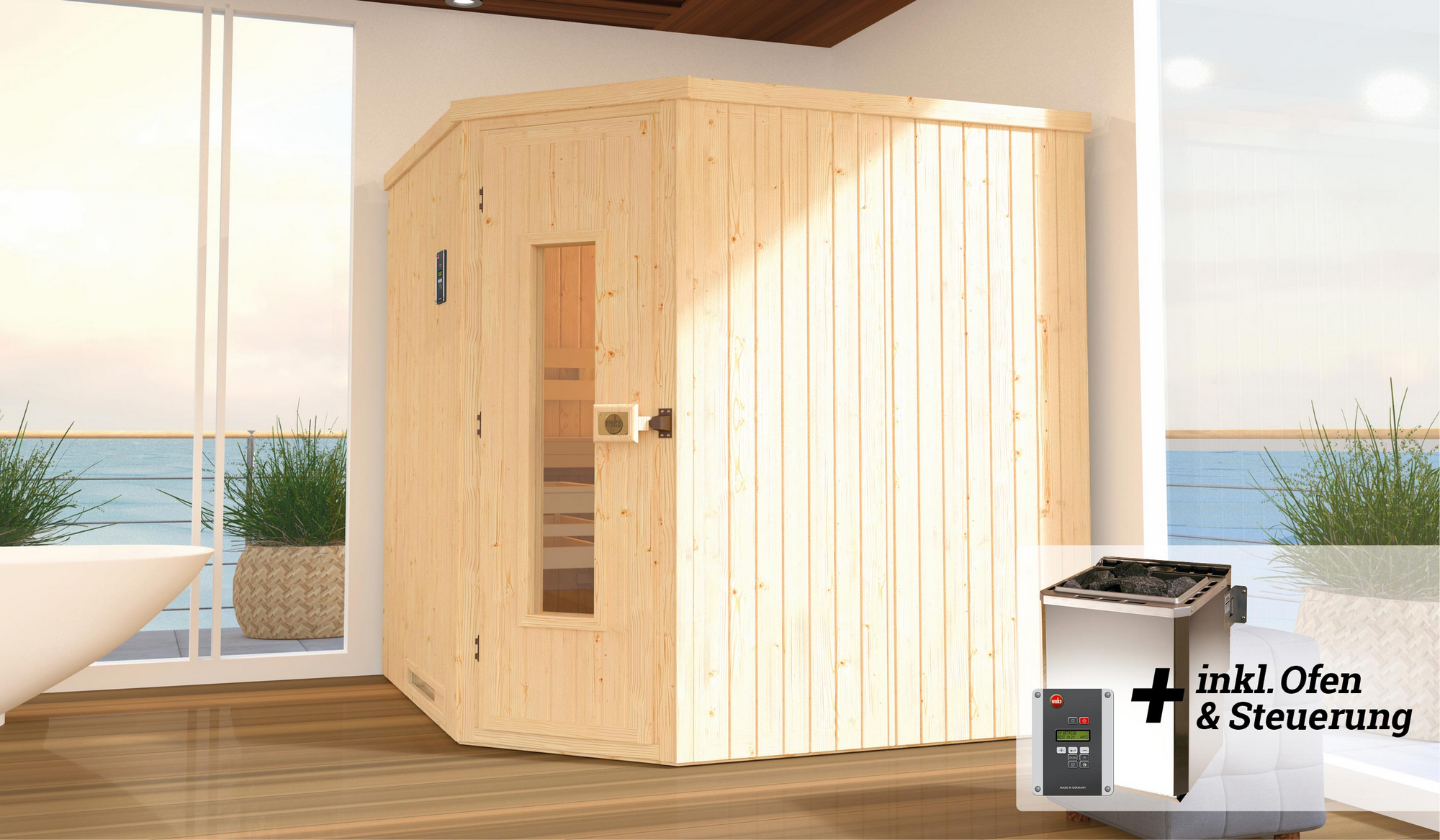Weka Elementsauna 'Varberg 3' mit 7,5 kW BioS-Ofenset, Steuerung, Massivholztür 192 x 192 x 199 cm