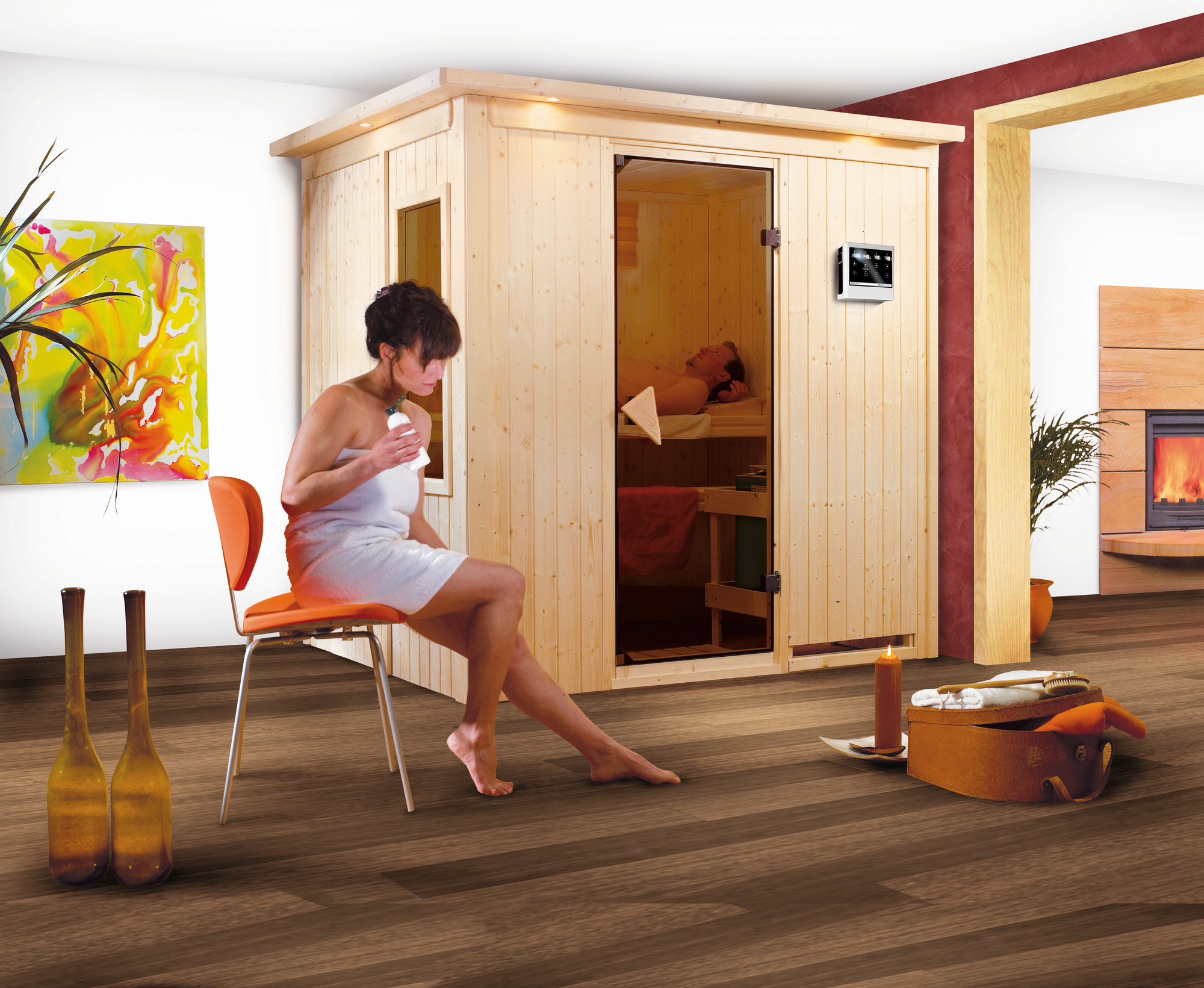 Karibu Elementsauna 'Aitana' naturbelassen mit Kranz 9 kW Bio-Ofen externe Steuerung Easy 210 x 165 x 202 cm