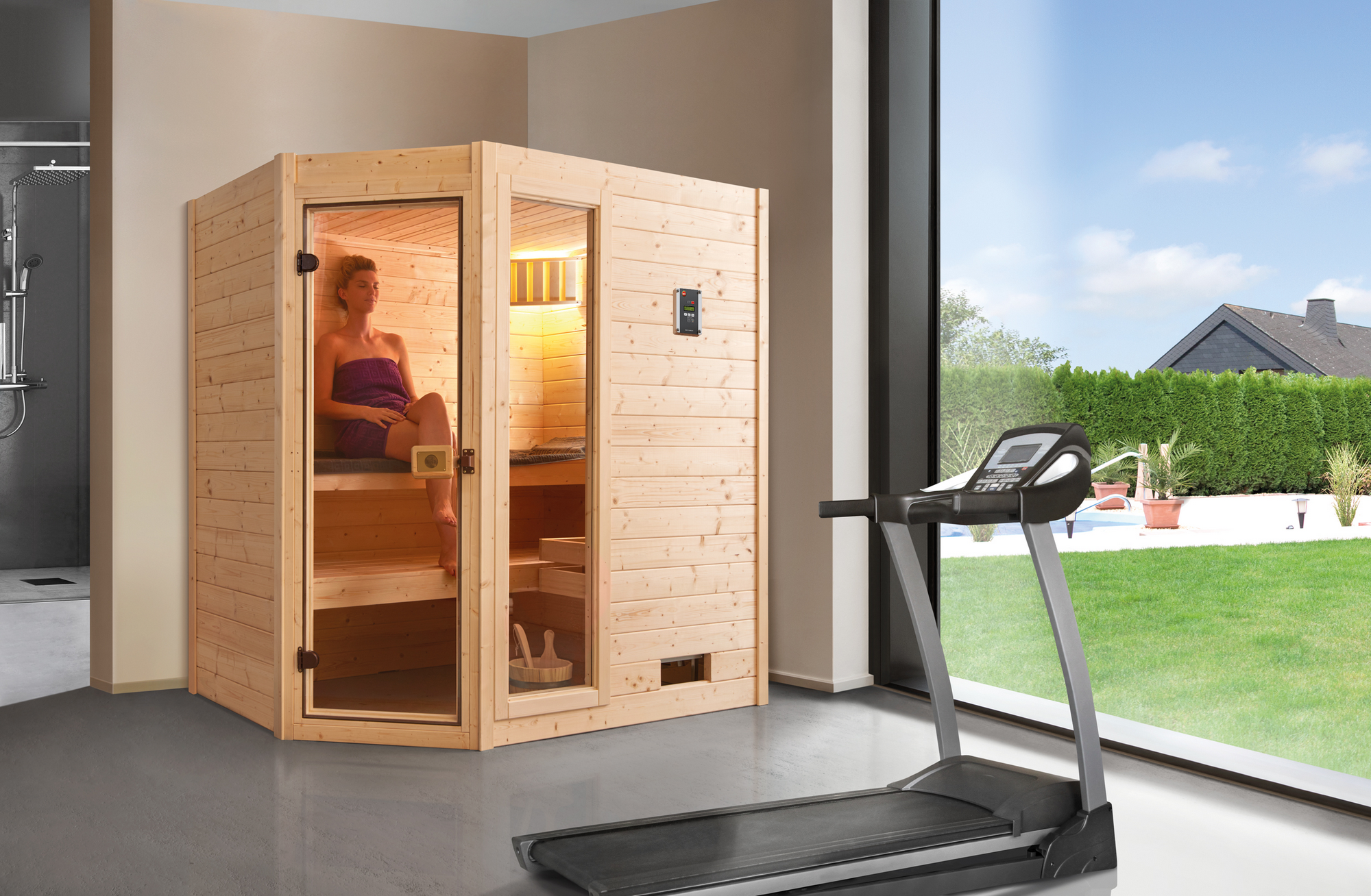 Weka Massivholzsauna 'Valida' Eckeinstieg 189 x 139 x 203,5 cm mit 5,4 kW Saunaofen