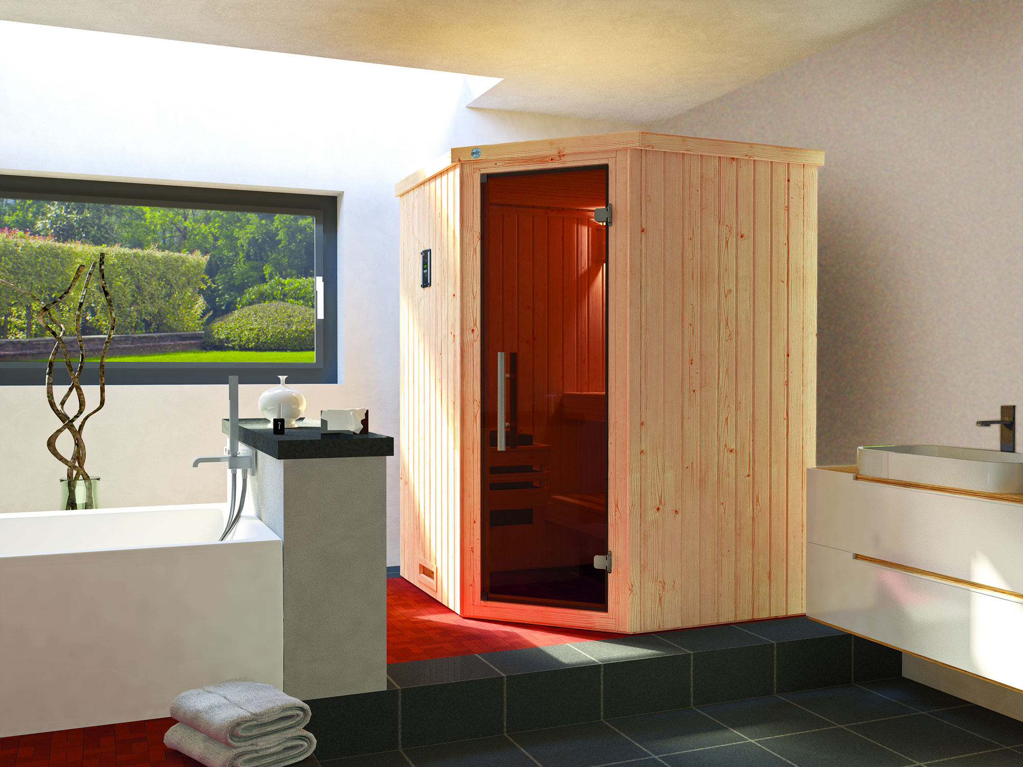 Weka Elementsauna 'Kiruna 1' 144 x 144 x 199 cm mit Glastür und 3,6 kW BioS-Ofenset 230 V