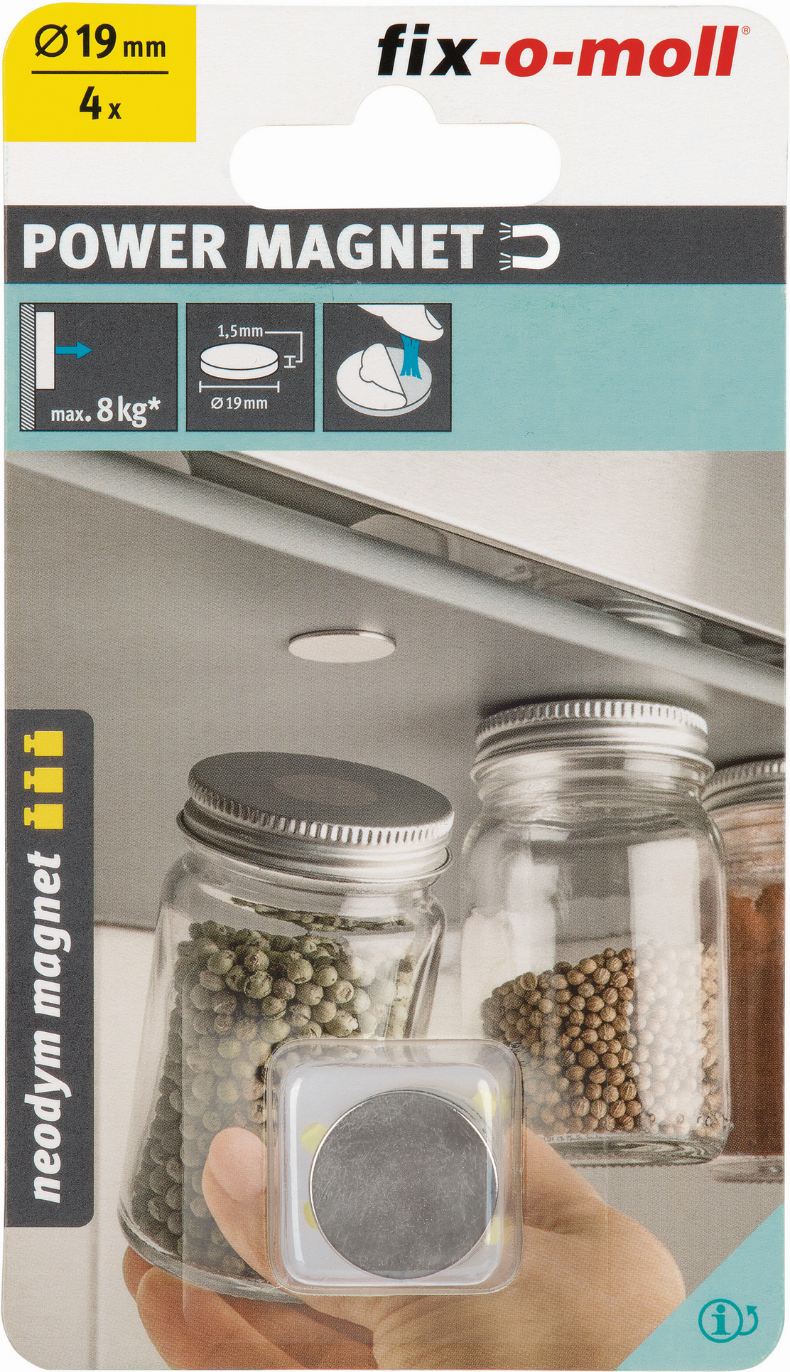 Fix-o-moll Magnetscheibe 'Neodym' silbern selbstklebend Ø 19 x 1,5 mm, 4 Stück