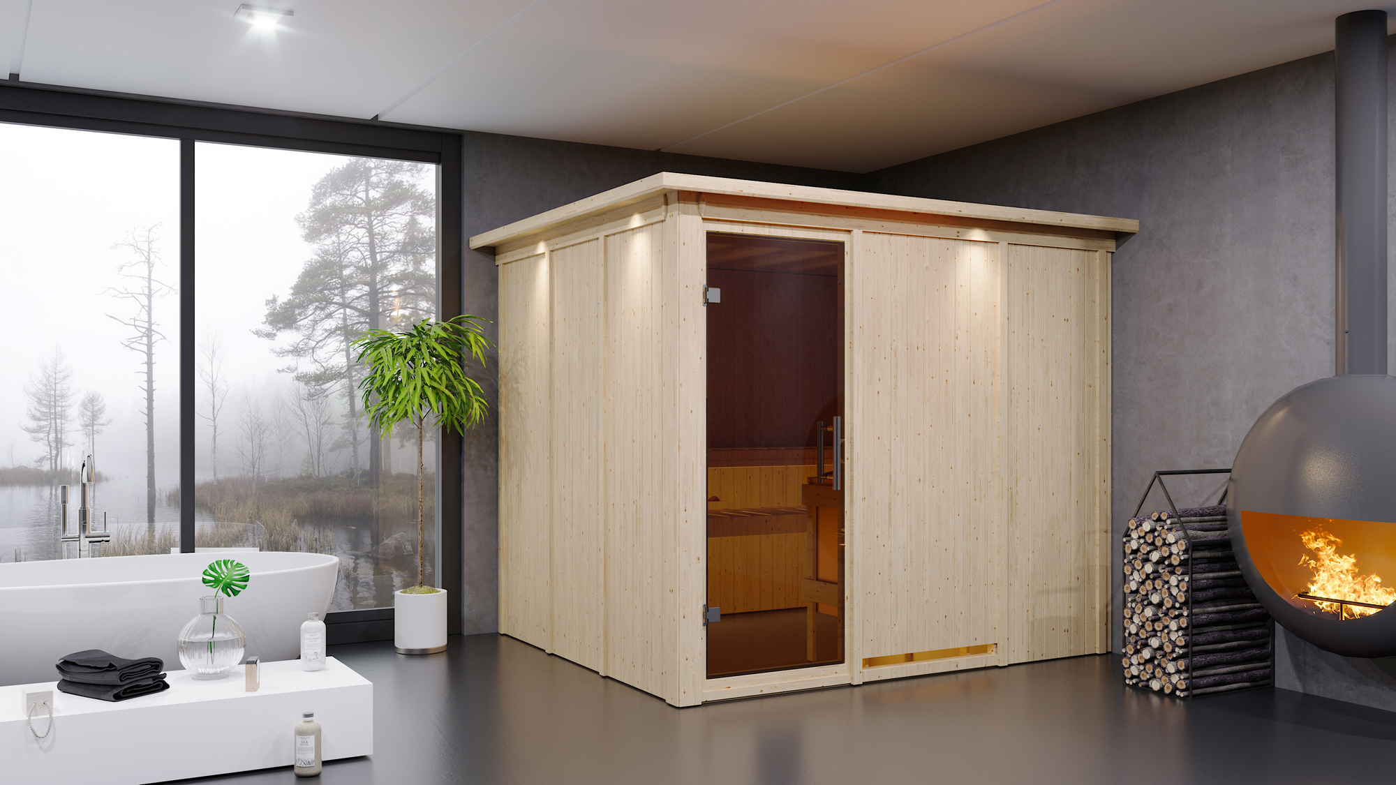 Karibu Elementsauna 'Alisa' naturbelassen mit Kranz und graphitfarbener Tür 9 kW Ofen externe Steuerung Easy 245 x 210 x...