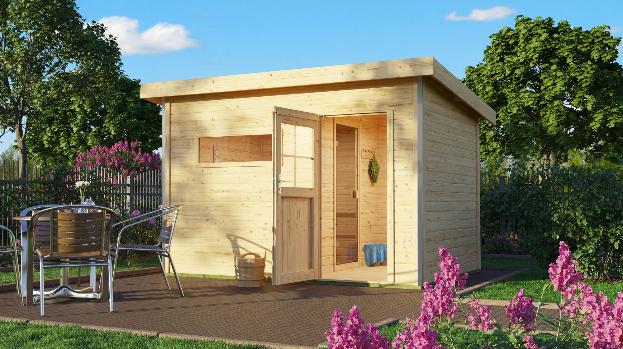 Karibu Saunahaus 'Skrollan 2' naturbelassen mit klassischer Tür 336 x 231 x 227 cm