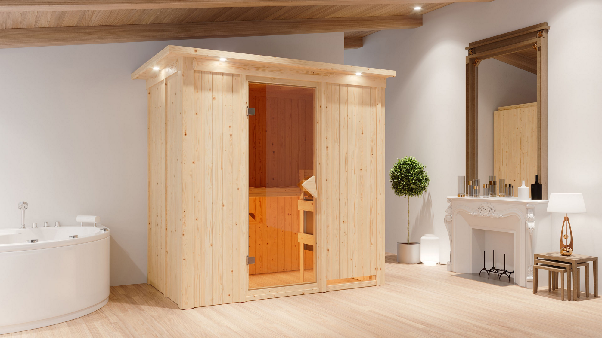 Karibu Elementsauna 'Aina' naturbelassen mit Kranz und bronzierter Tür 9 kW Ofen integrierte Steuerung 210 x 132 x 202 c...