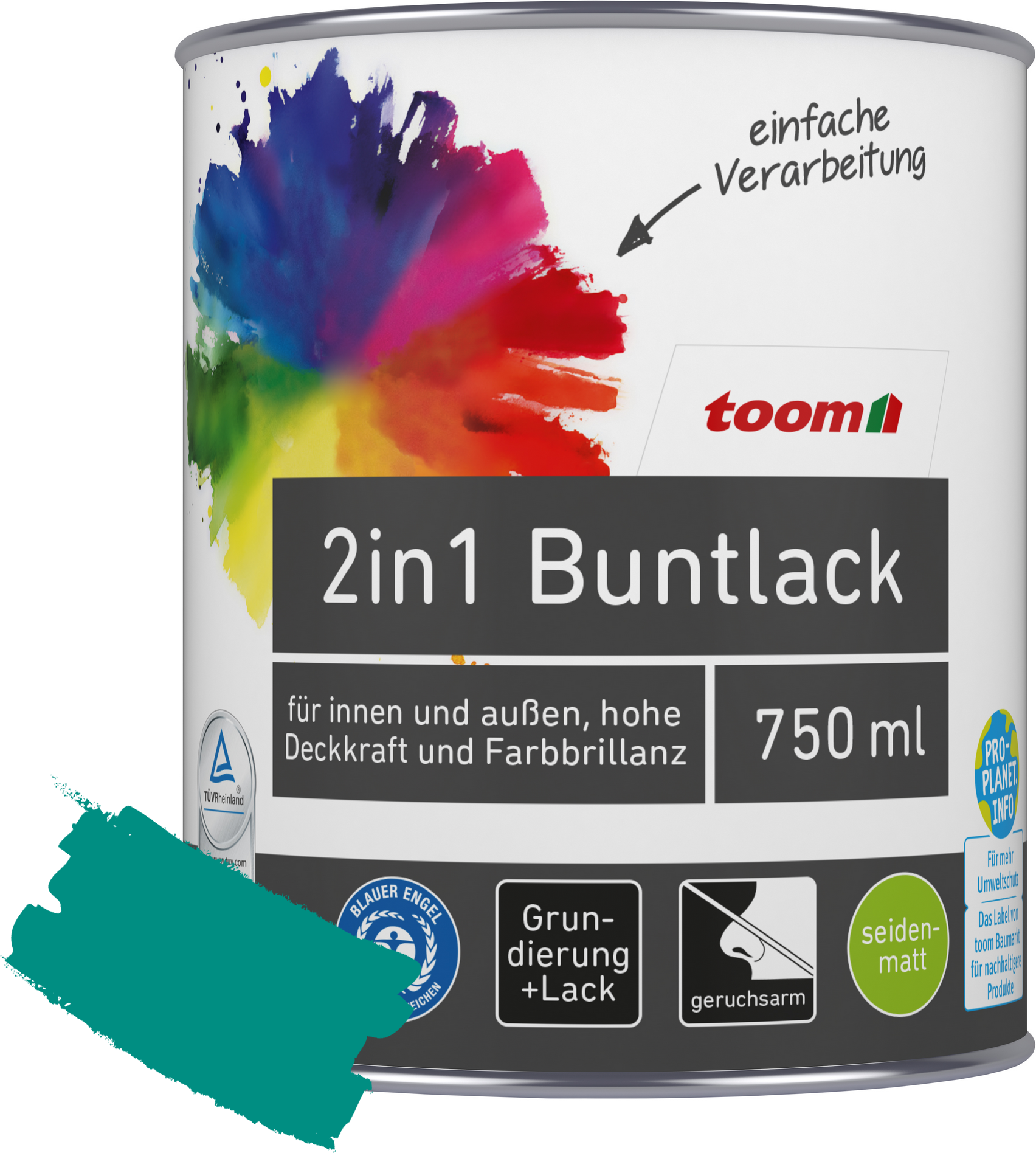 toom 2in1 Buntlack 'Südseetraum' petrolfarben seidenmatt 750 ml