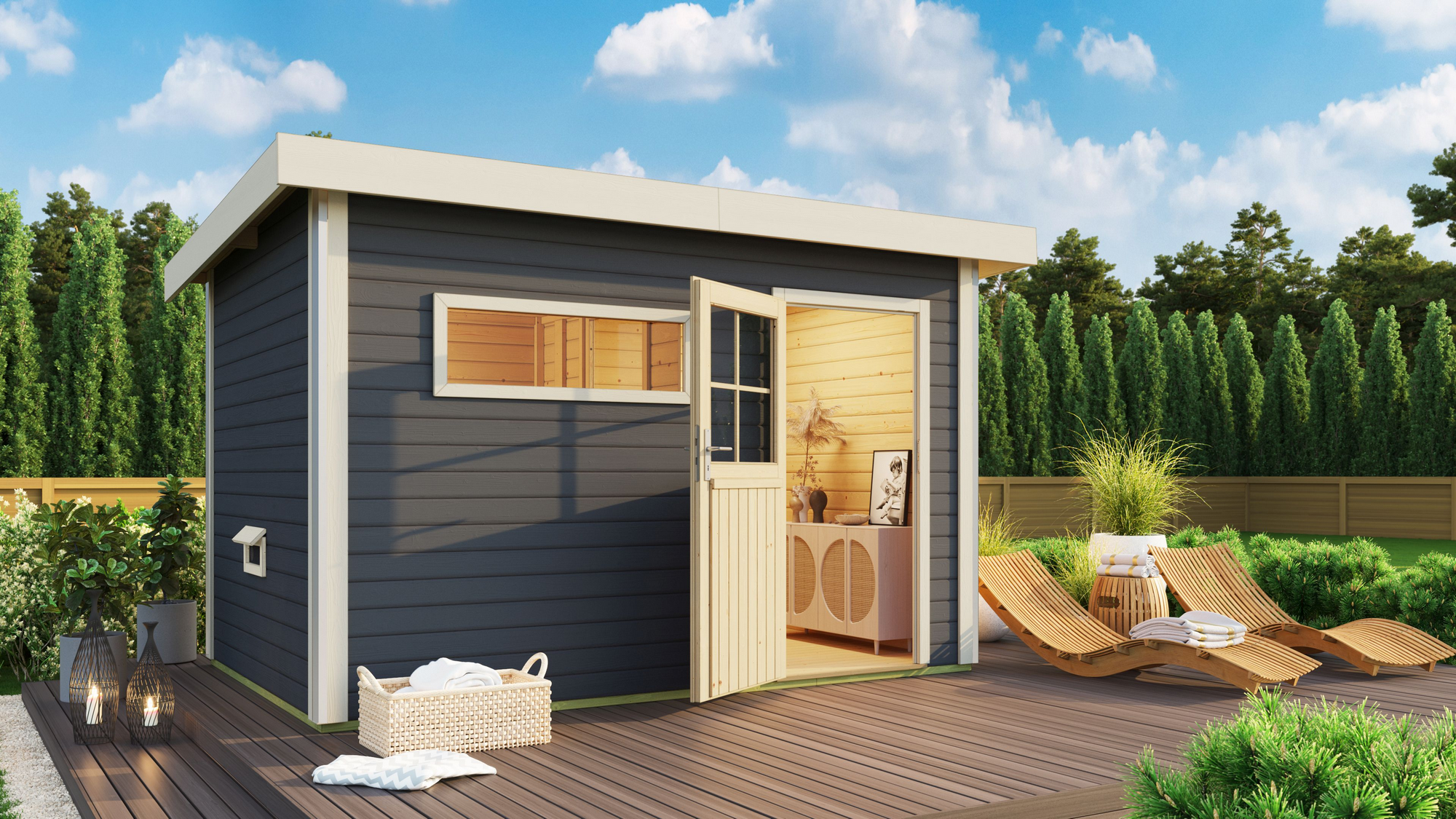 Karibu Saunahaus 'Skrollan 3' terragrau mit klassischer Tür 9 kW Ofen externe Steuerung 396 x 231 x 227 cm