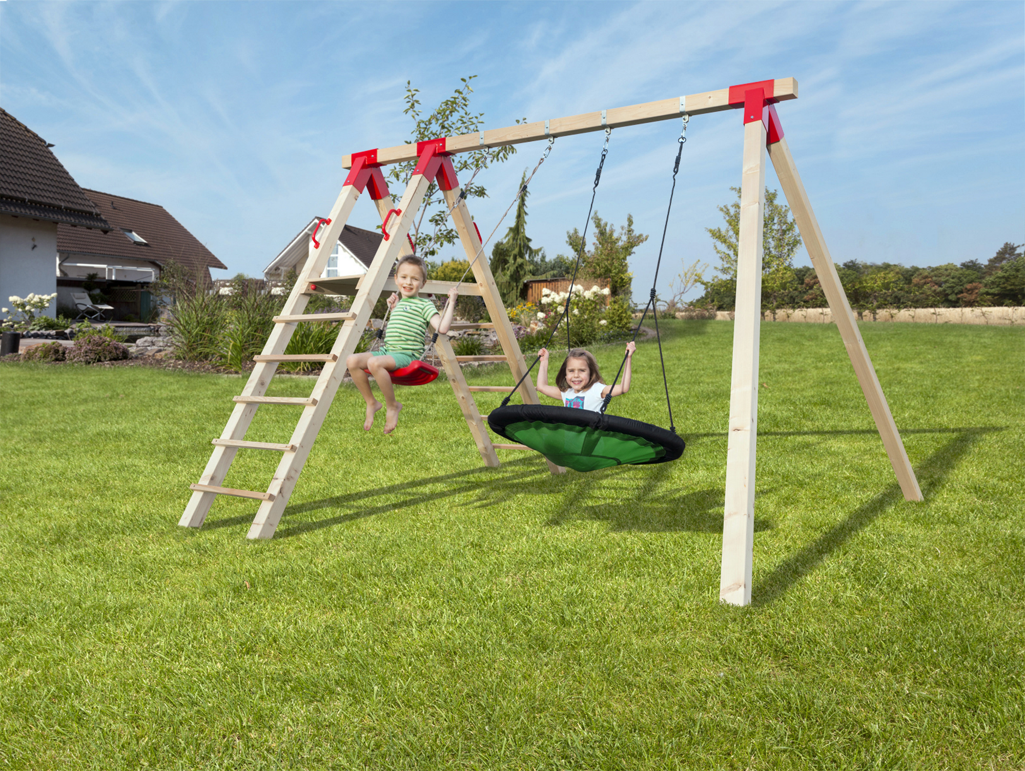 Thumbnail - Weka Doppelschaukel 'Tabaluga' mit Klettereinheit und Podest, 390 x 240 x 290 cm