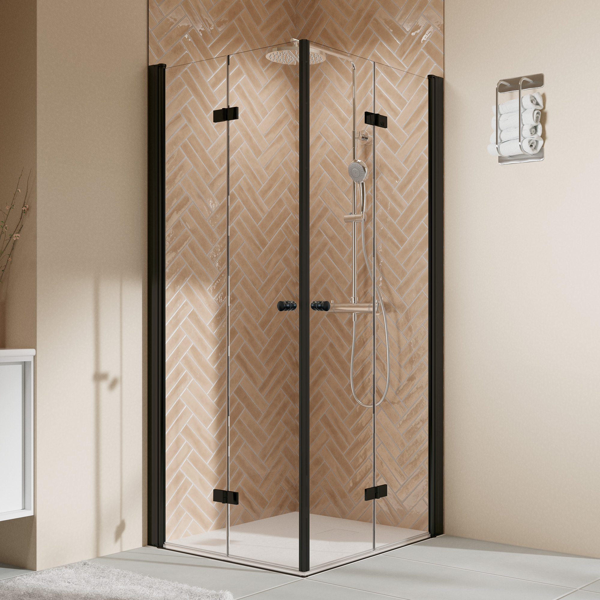 Breuer Eckeinstieg mit Drehfalttür 'Elana 2.0' rund 4-teilig, Schwarz matt, Klarglas hell, 90/90 cm