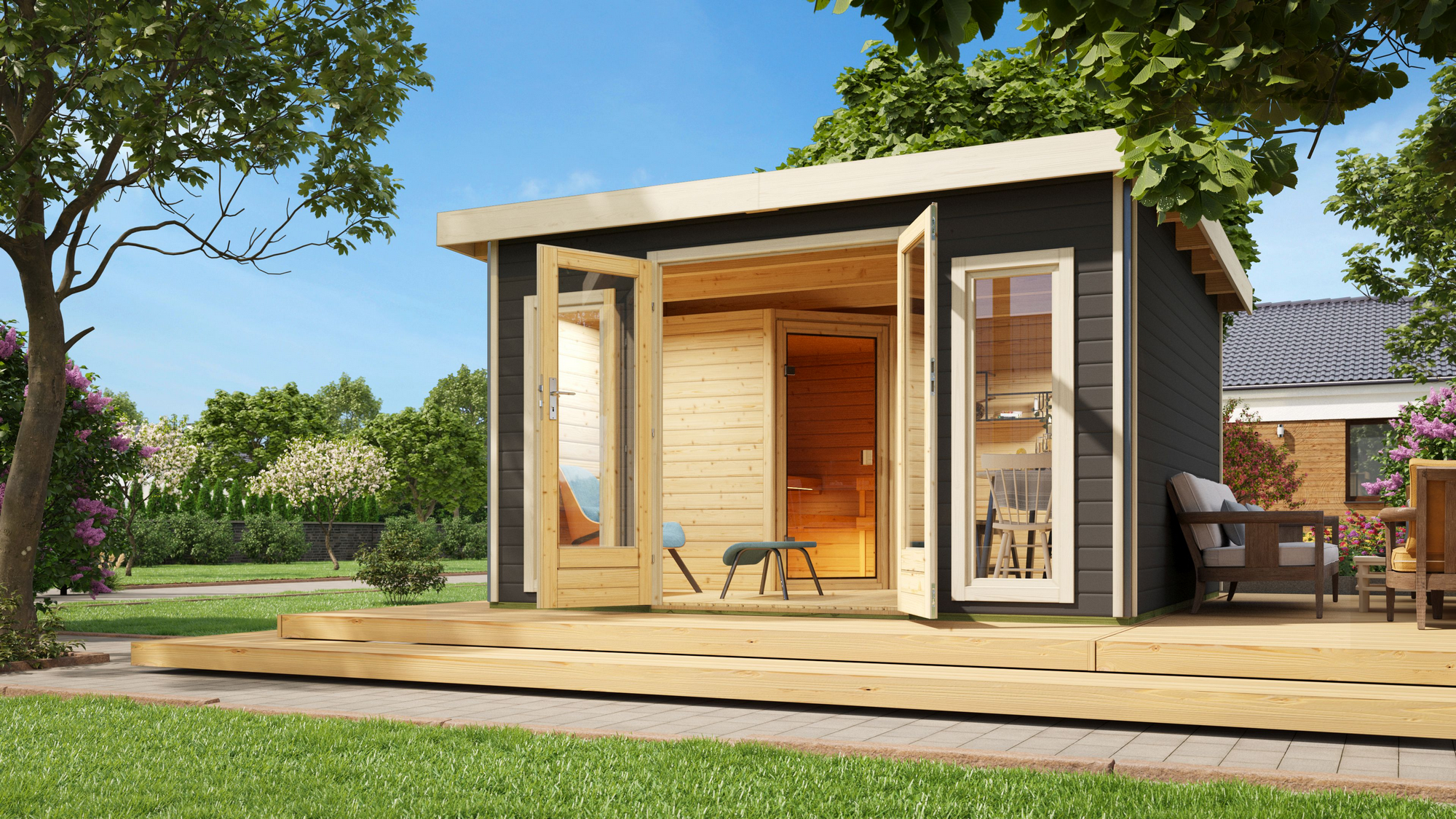 Karibu Saunahaus 'Francisco 3' A terragrau 9 kW Ofen externe Steuerung 369 x 369 x 229 cm