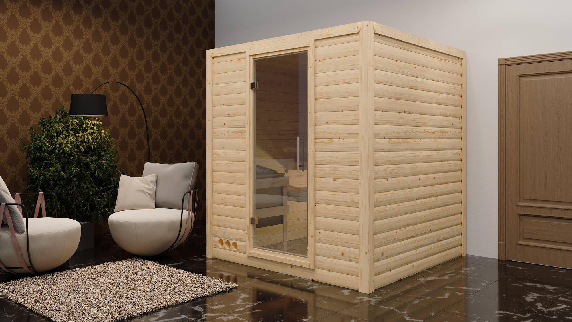 Karibu Massivholzsauna 'Luna' naturbelassen mit Klarglastür 9 kW Ofen externe Steuerung easy 196 x 196 x 200 cm