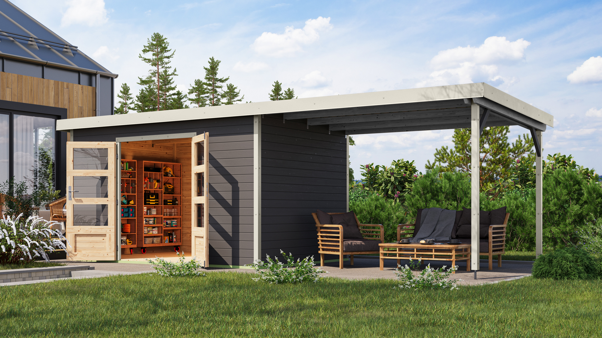 Karibu Gartenhaus-Set 'Meteor 7 B' Fichtenholz terragrau / weiß mit Anbaudach ca. 3 m breit 663,5 x 219 x 240,5 cm