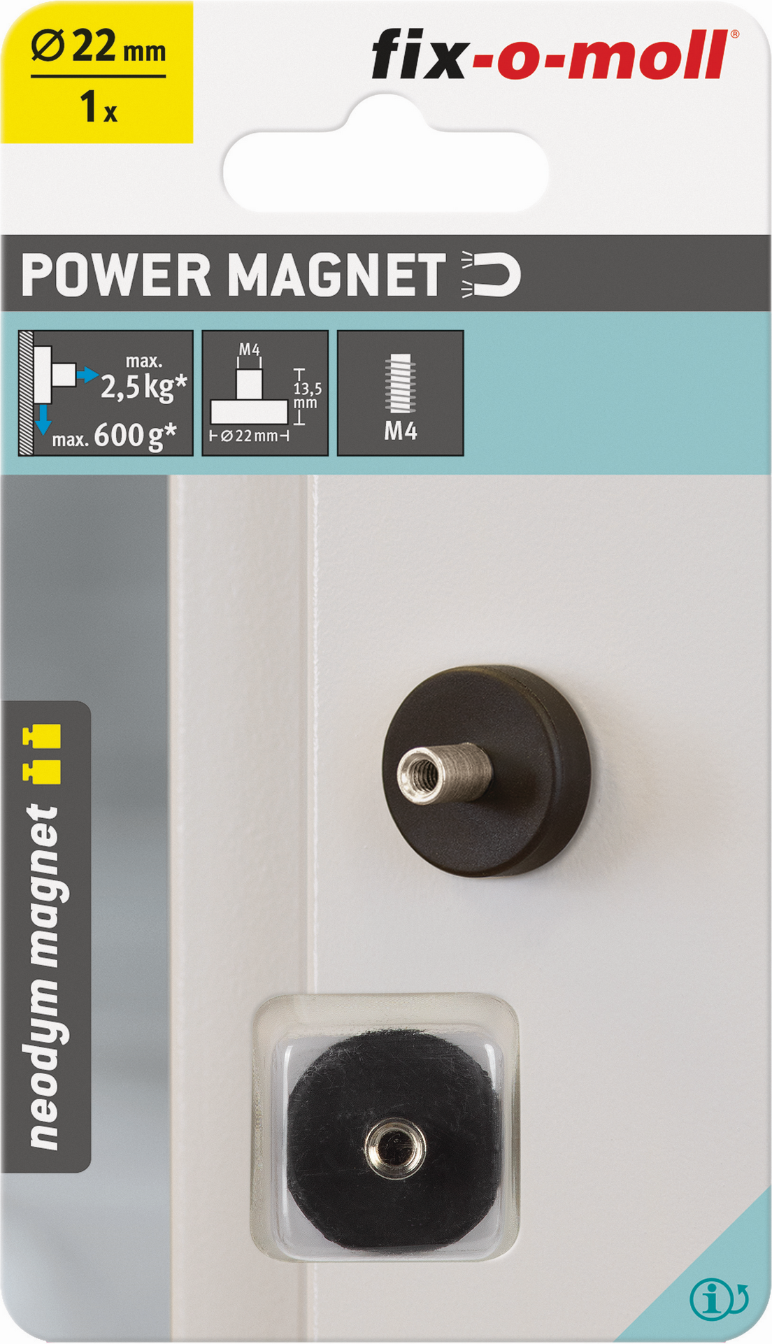 Fix-o-moll Topfmagnet 'Neodym' schwarz gummiert M4 Gewindebuchse Ø 22 x 13,5 mm