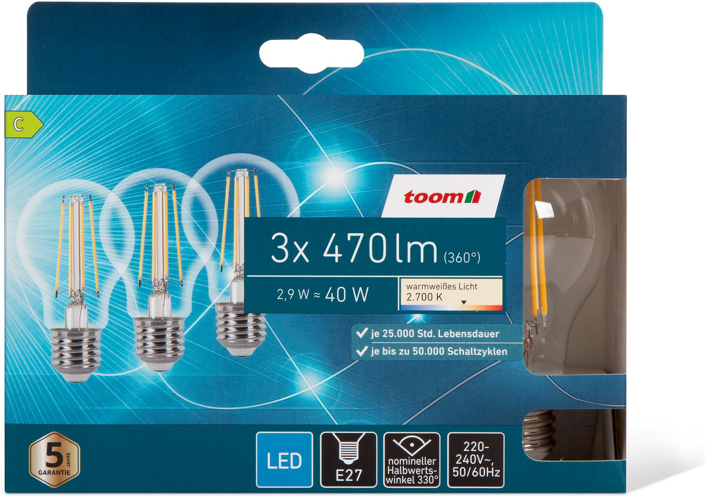 toom LED-Tropfenlampe klar warmweiß E27 40 W 470 lm, 3er-Pack
