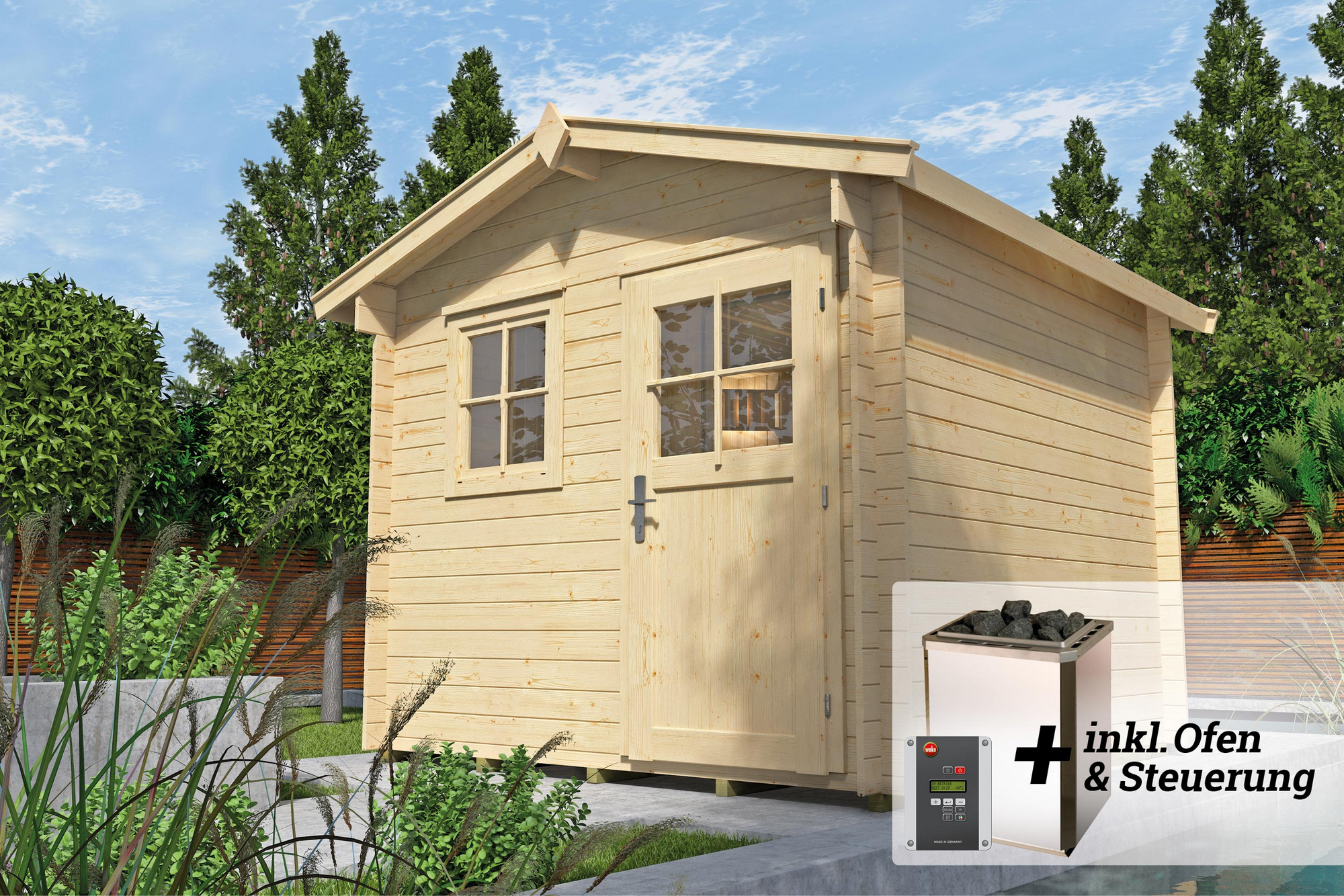 Weka Saunahaus 'Mikkeli' natur mit 7,5 kW OS-Ofenset, digitaler Steuerung 250 x 250 x 255 cm