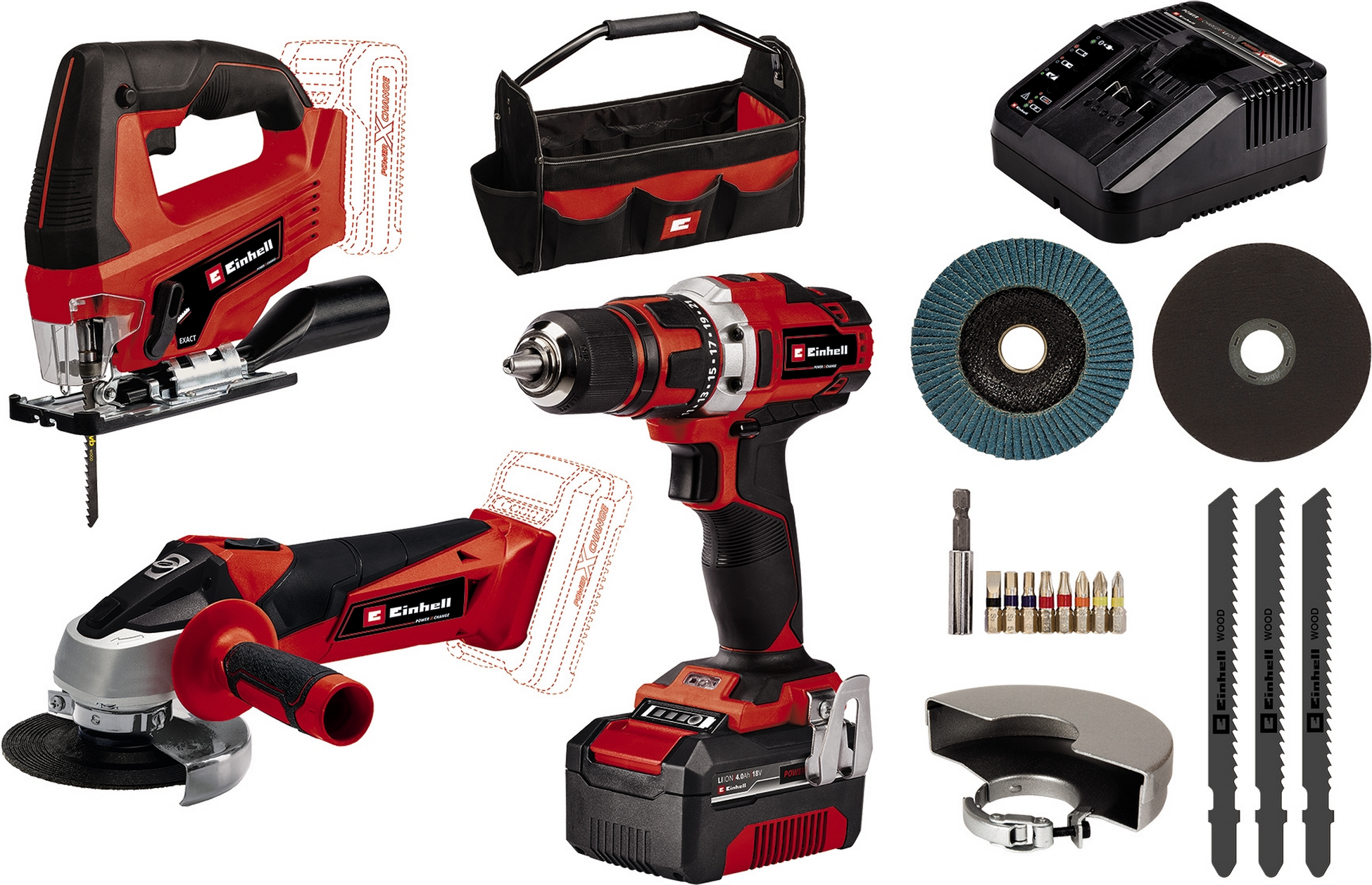Einhell Akku-Maschinen-Set 'Power X-Change TE-TK 18/3 Li Kit (JS+CD+AG)'