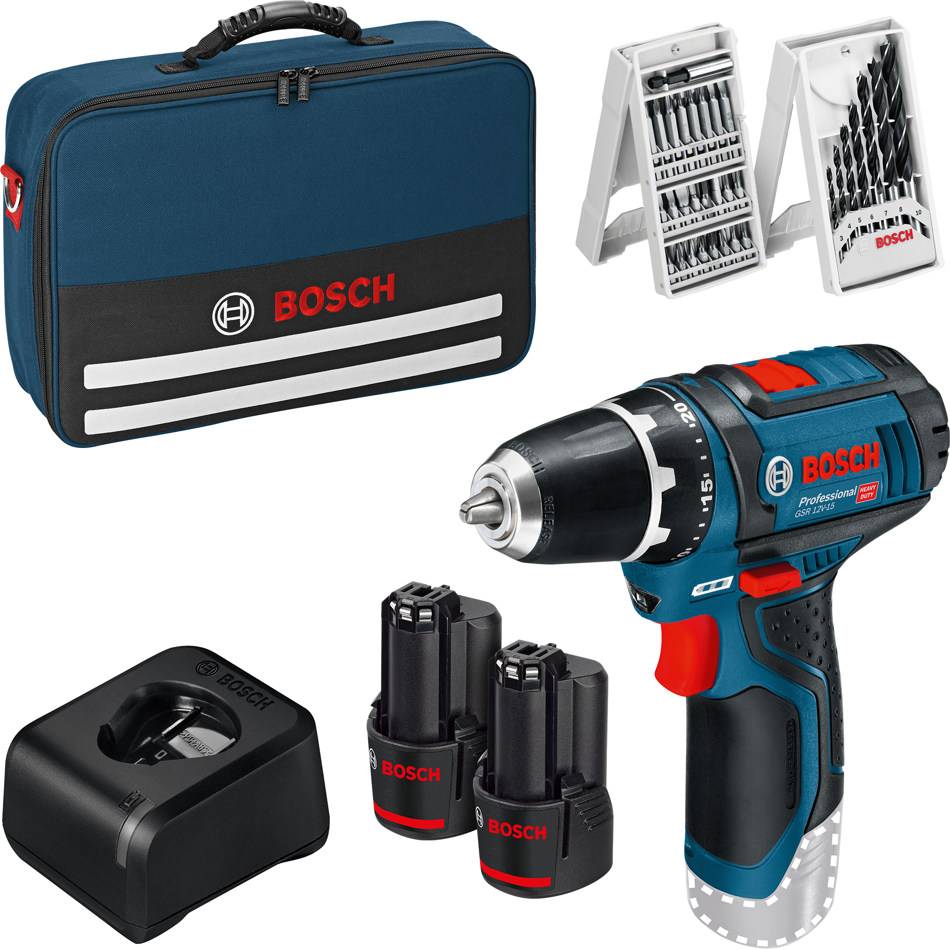 Thumbnail - Bosch Akku-Bohrschrauber 'GSR 12V-15 Professional' mit 2 Akkus, Tasche und Zubehörset