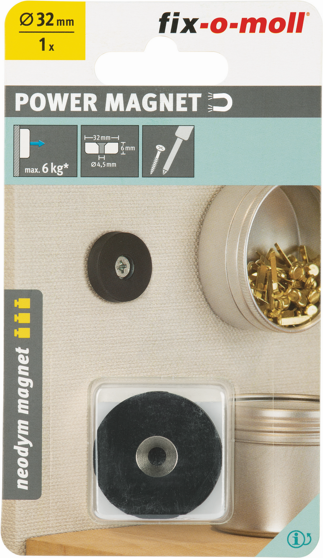 Thumbnail - Fix-o-moll Magnet 'Neodym' schwarz gummiert Senkbohrung Ø 32 x 6 mm