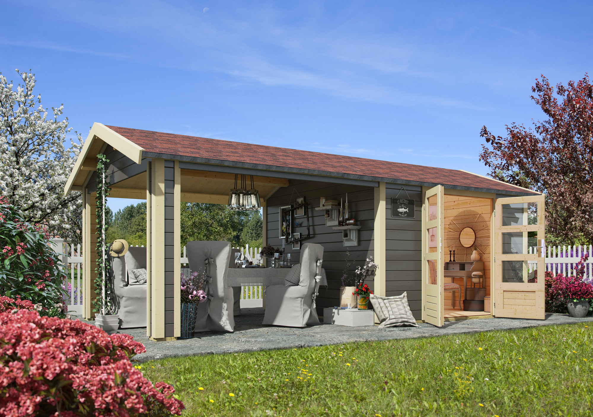 Karibu Gartenhaus 'Mylau 7' mit Anbaudach 600 x 304 x 250 cm terragrau