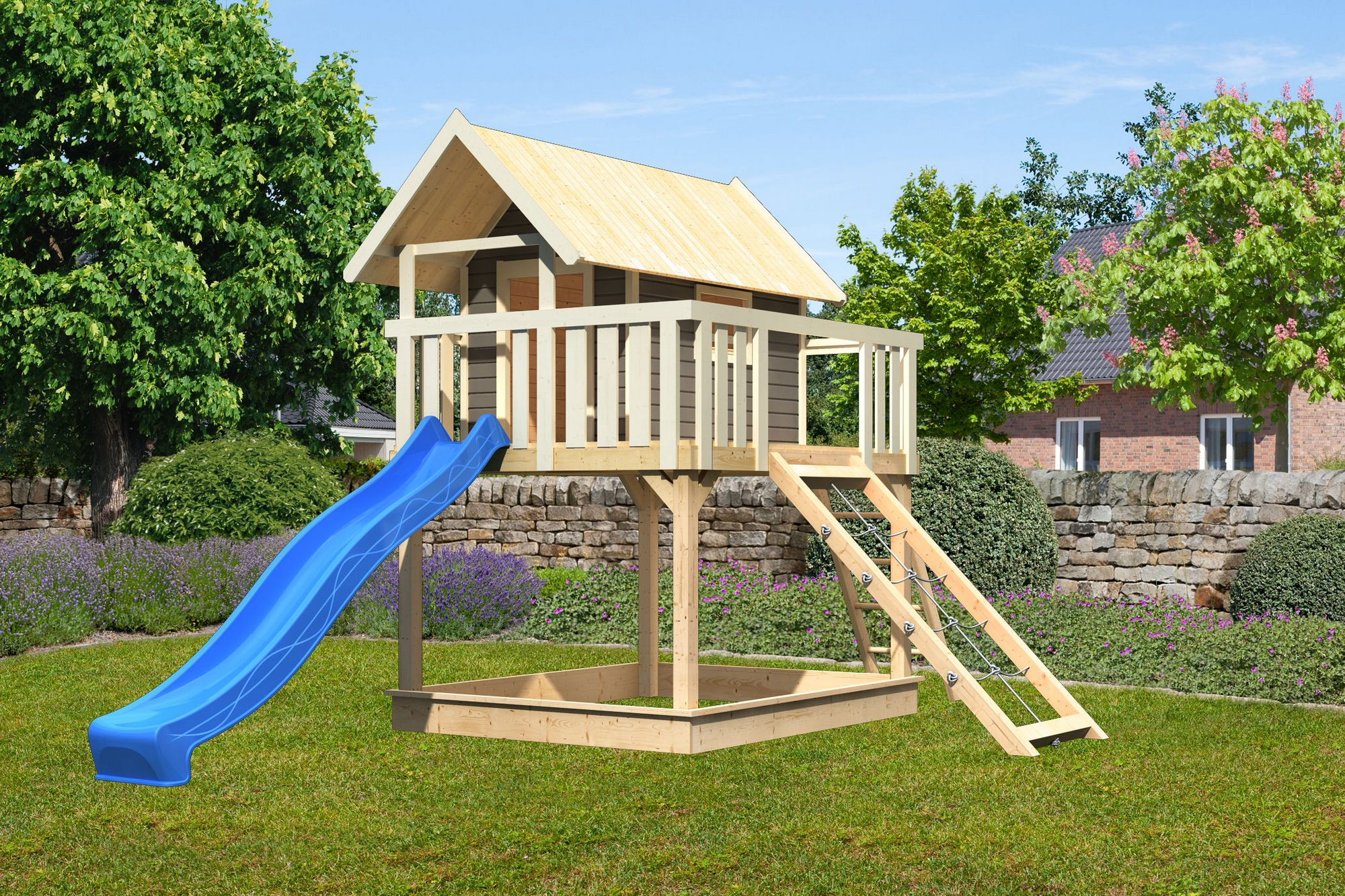 Karibu Stelzenhaus 'Fidel' terragrau nordische Fichte 198 x 329,5 x 243 cm