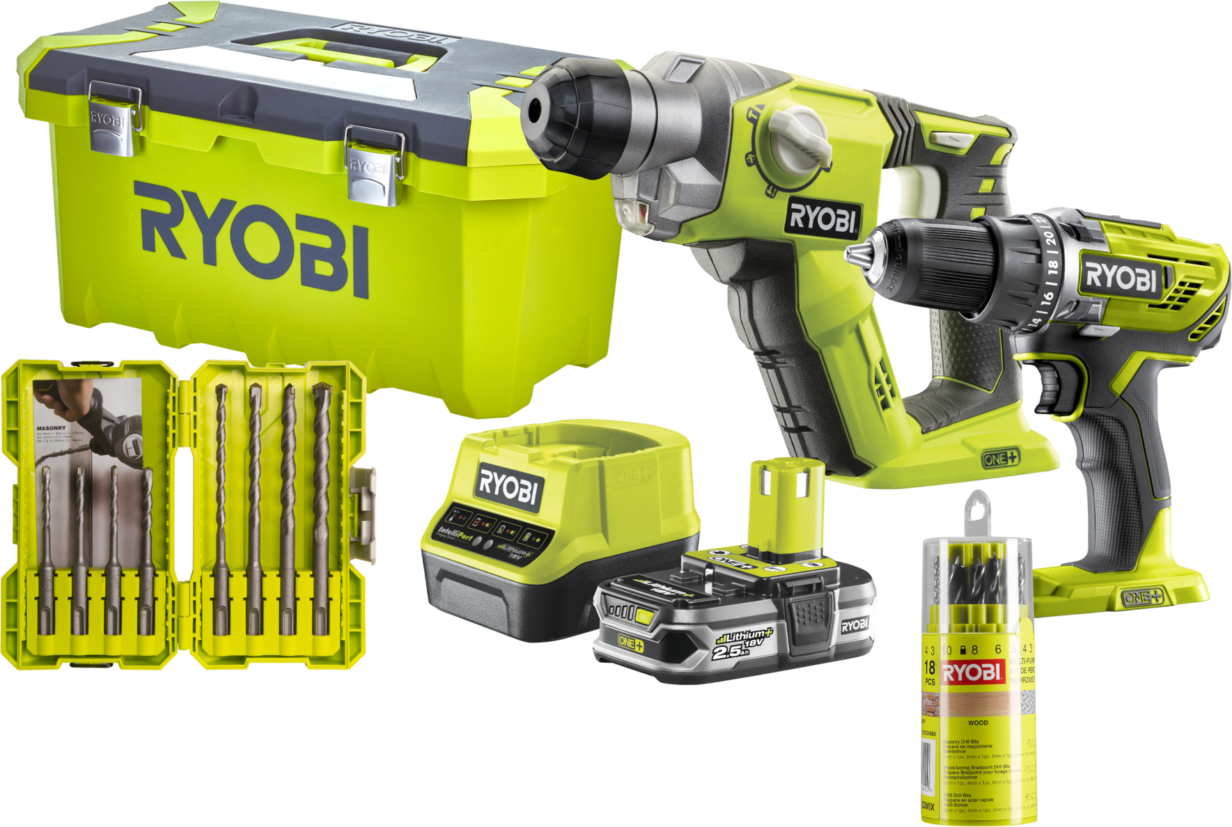 Ryobi Akku-Maschinen-Set 'ONE+ R18DDSDS-125T' 18 V Akku-Bohrschrauber und -Bohrhammer, inkl. Akku und Ladegerät