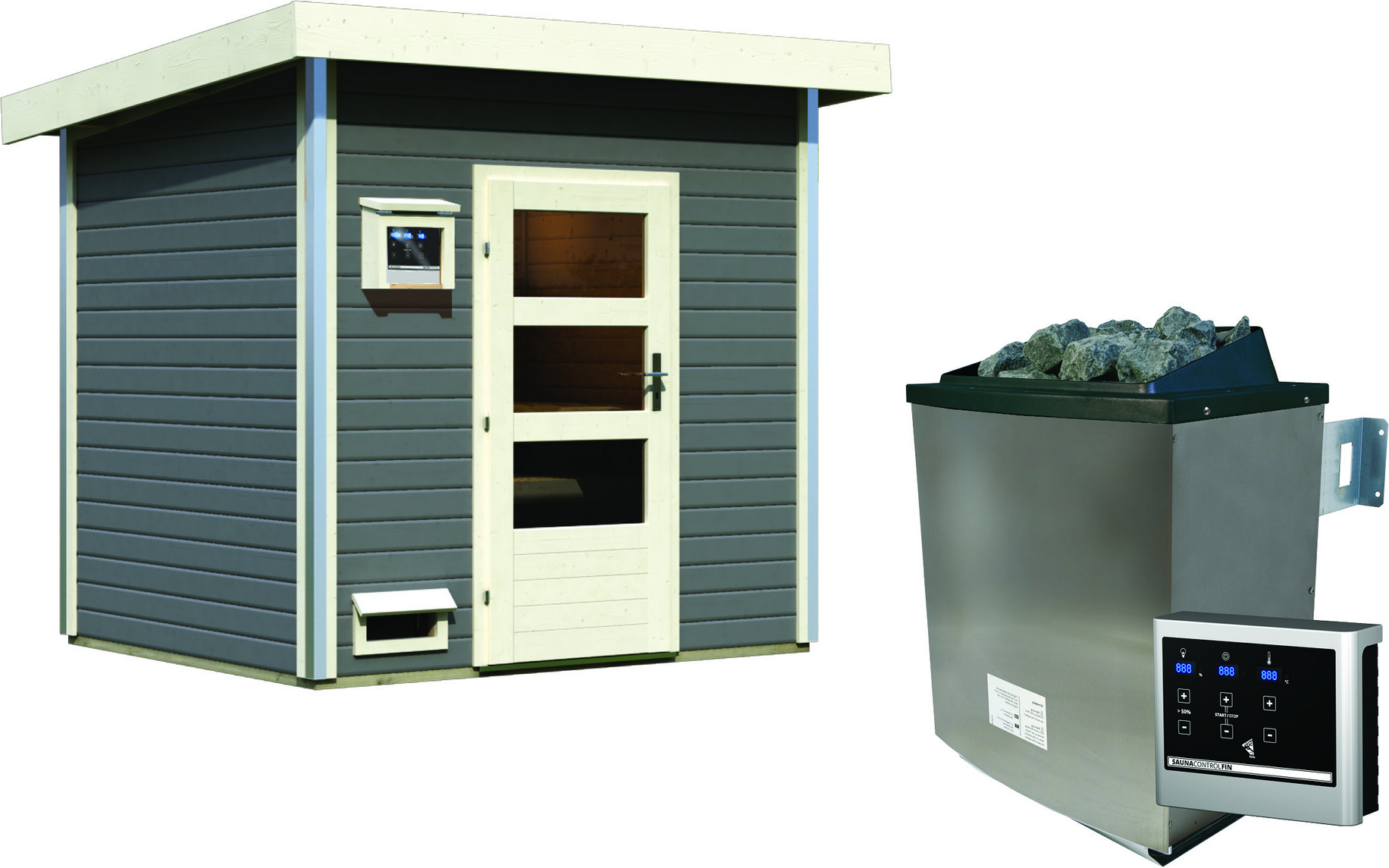 Karibu Saunahaus 'Norge' terragrau 9 kW Ofen, Steuerung Easy 231 x 196 x 238 cm