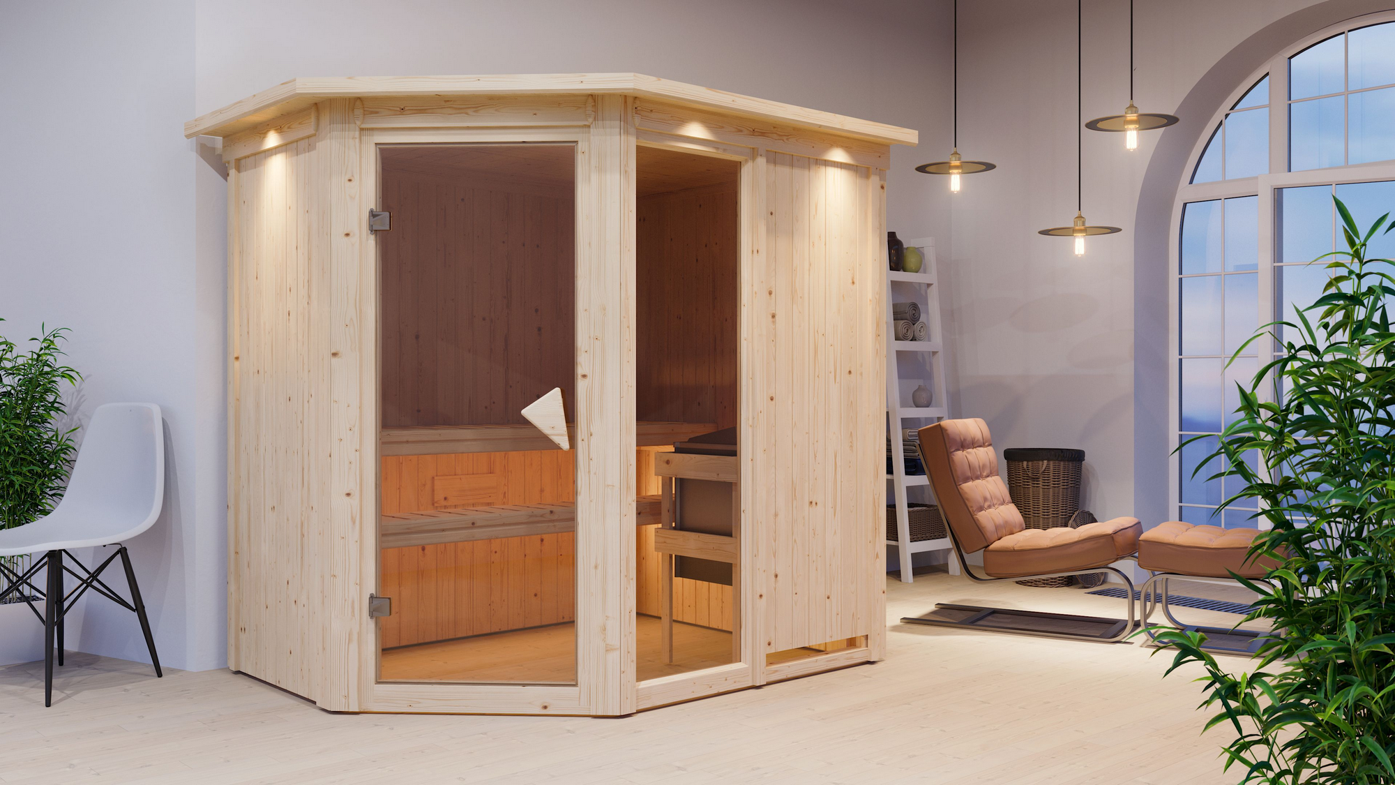 Karibu Elementsauna 'Almara 1' naturbelassen mit Kranz und bronzierter Tür 9 kW Ofen Edelstahl externe Steuerung Easy 21...