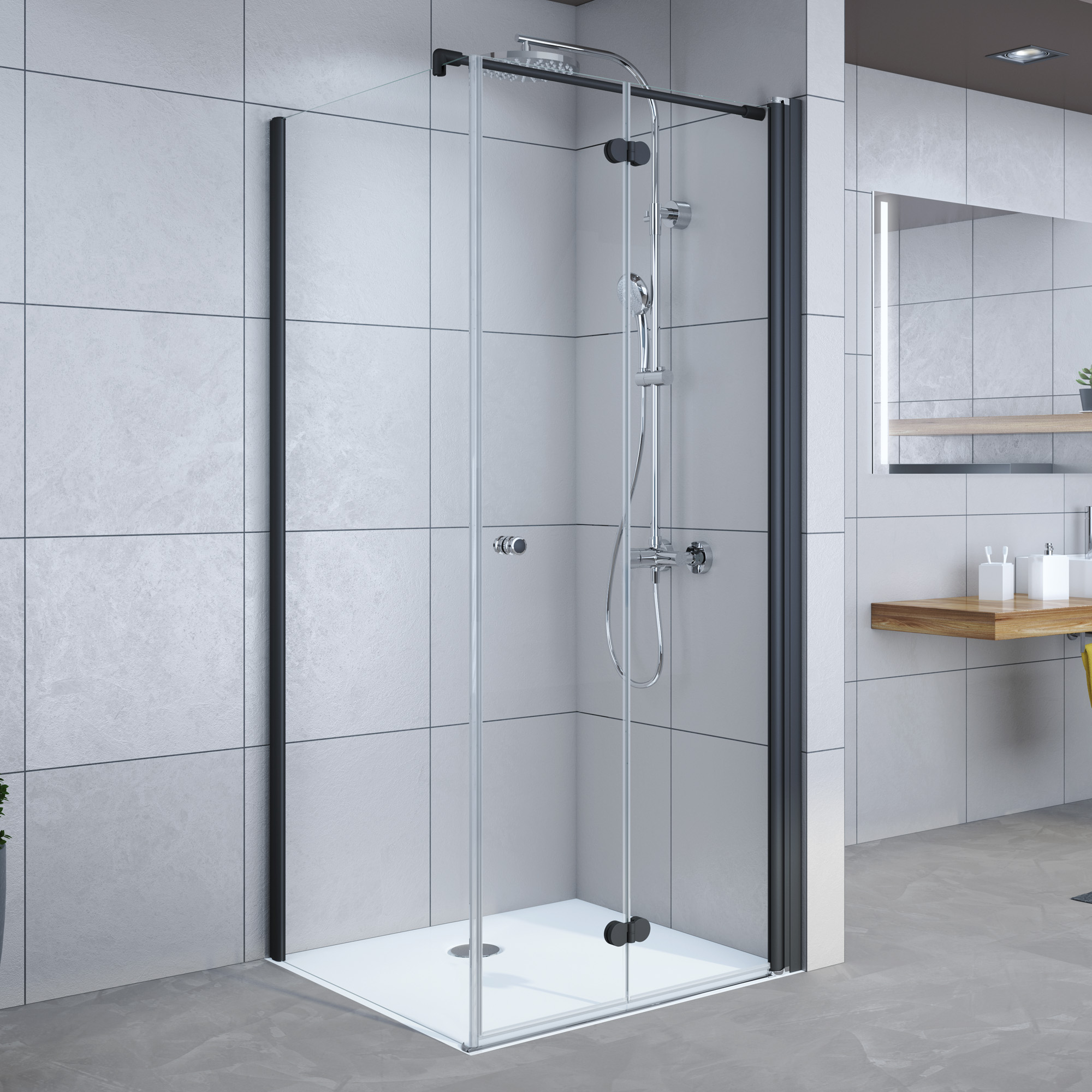 Thumbnail - Breuer Drehfalttür 'Elana Komfort' für Seitenwand, rechts, teilgerahmt, schwarz-matt, 90 x 200 cm