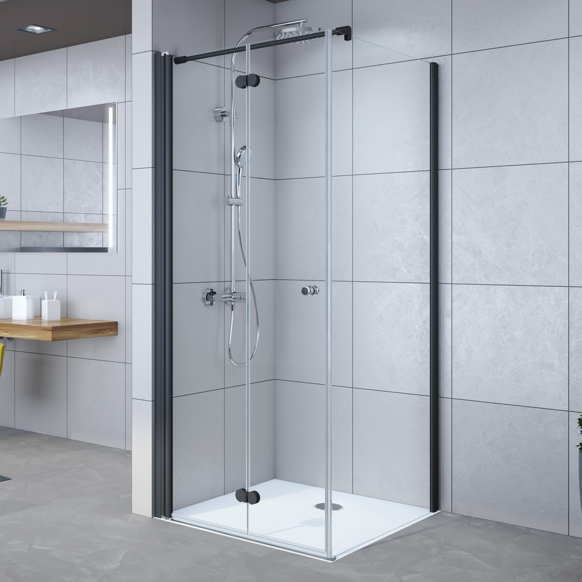 Thumbnail - Breuer Seitenwand 'Elana Komfort' für Drehfalttür, teilgerahmt, rechts, schwarz-matt, 100 x 200 cm