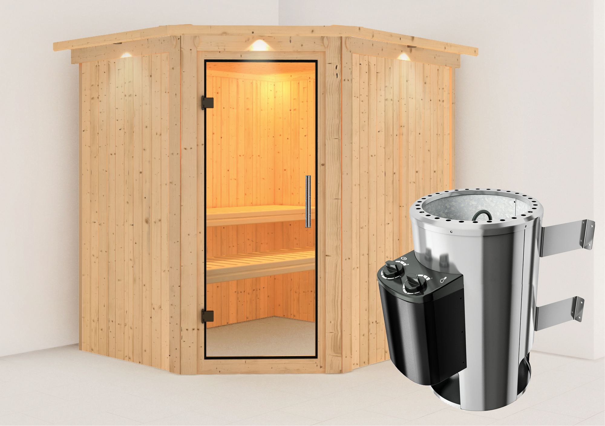 Karibu Elementsauna 'Carolina' naturbelassen mit Kranz und Klarglastür 3,6 kW Ofen integrierte Steuerung 210 x 184 x 202...