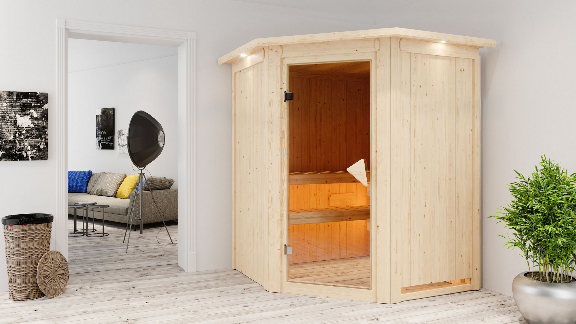 Karibu Elementsauna 'Adora' naturbelassen mit Kranz 9 kW Bio-Ofen externe Steuerung Easy 165 x 165 x 202 cm
