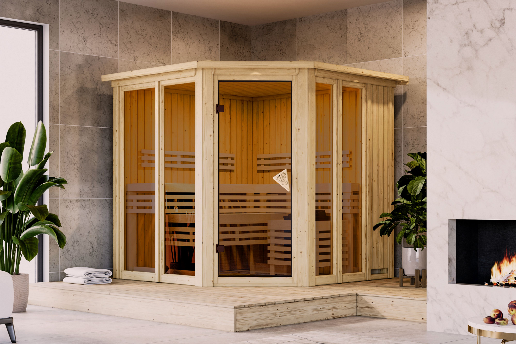 Karibu Sauna 'Airisa' naturbelassen mit Kranz Ofen 9 kW integrierte Steuerung 196 x 202 x 210 cm
