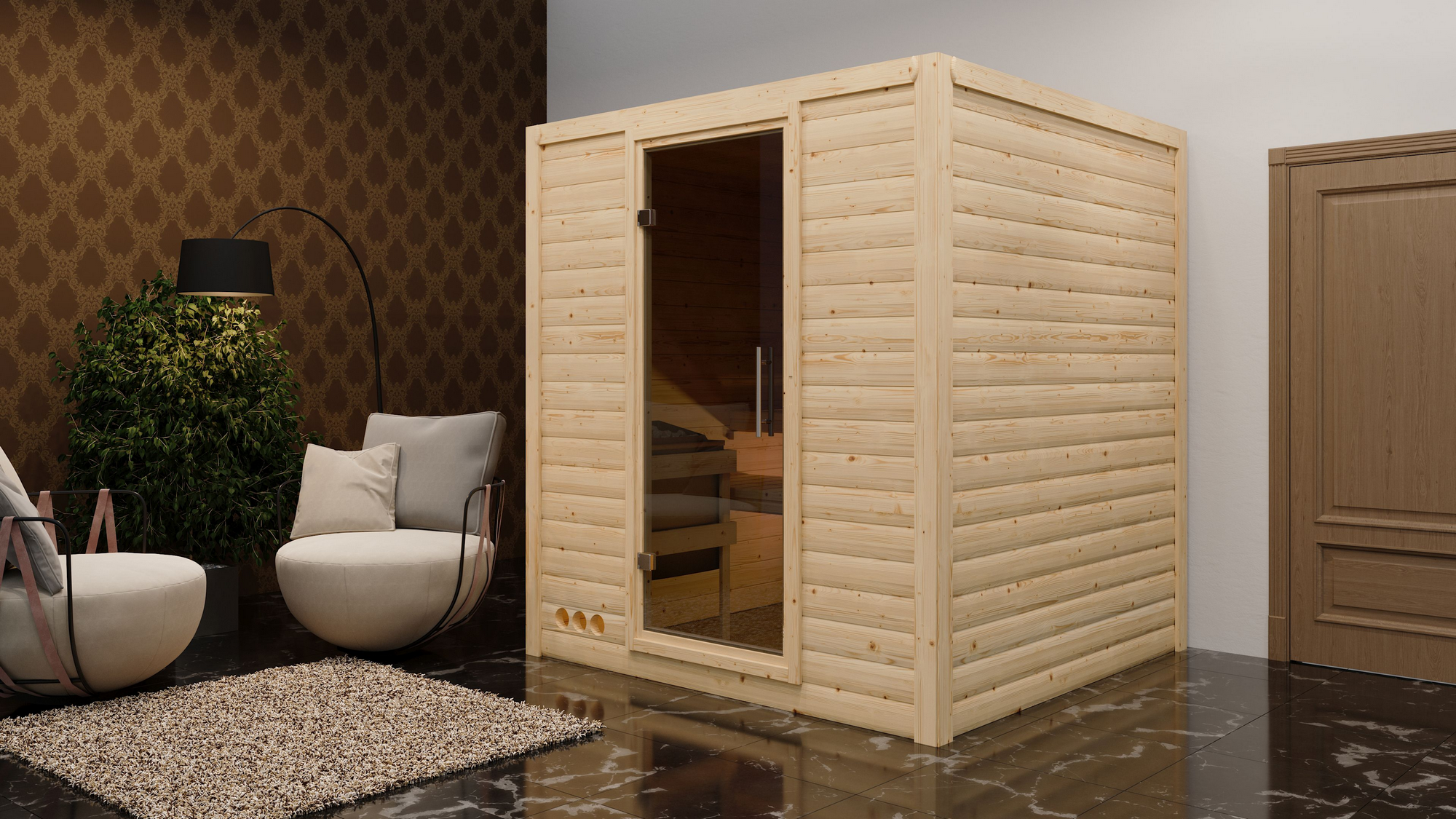 Karibu Massivholzsauna 'Luna' naturbelassen mit graphitfarbener Tür 9 kW Bio-Ofen externe Steuerung Easy 196 x 196 x 200...