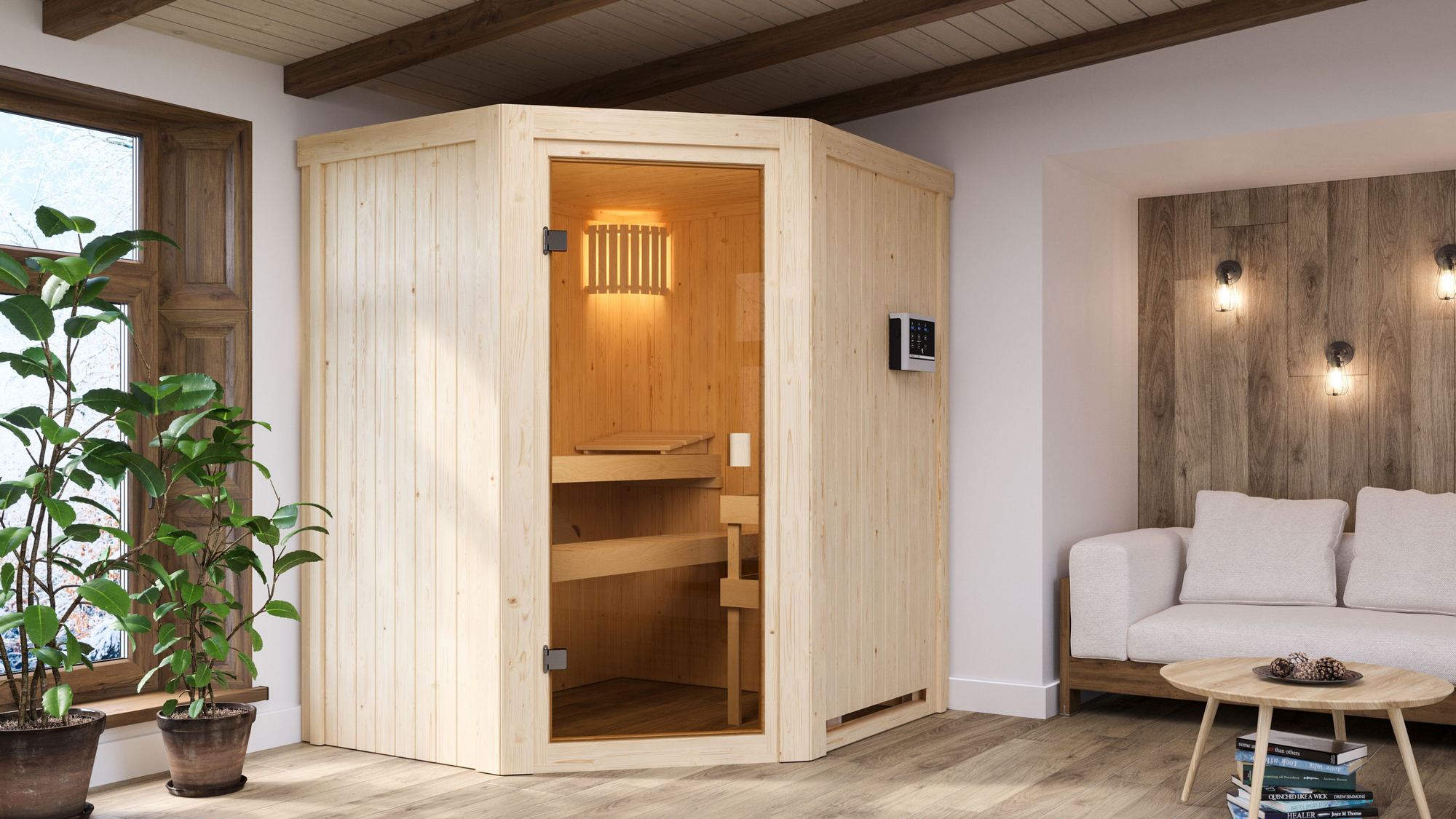 Karibu Elementsauna 'Beatriz' naturbelassen 9 kW Ofen externe Steuerung 170 x 151 x 198 cm