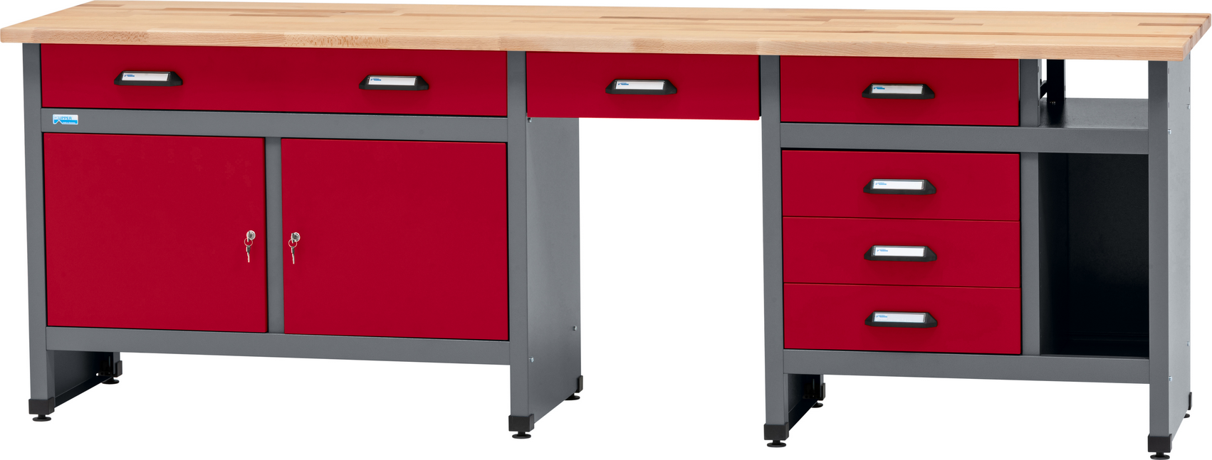 Thumbnail - Küpper Werkbank mit 6 Schubladen 2 Türen und Sitzraum dunkelrot 240 x 84 x 60 cm