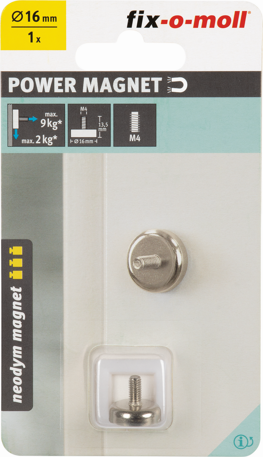 Fix-o-moll Topfmagnet 'Neodym' silbern M4 Gewindebolzen Ø 16 x 13,5 mm