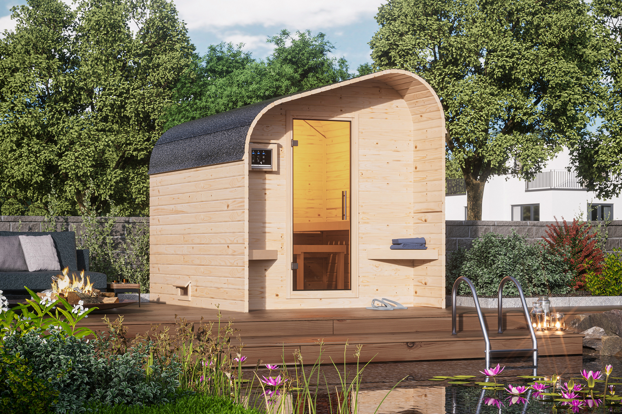 Karibu Fasshaus-Sauna 'Santo 2' asymmetrisch naturbelassen 219 x 295 x 244,5 cm