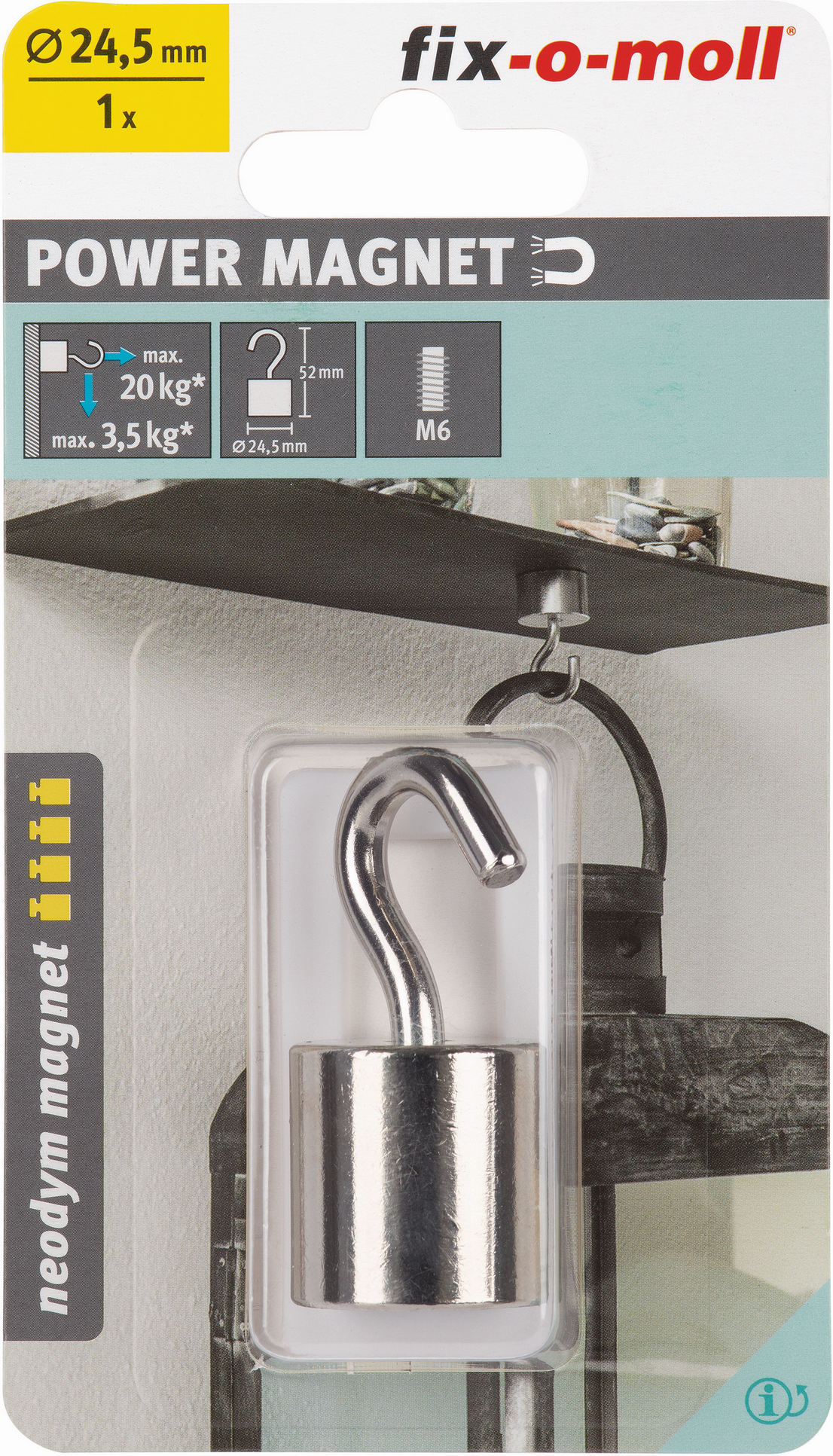 Fix-o-moll Magnethaken 'Neodym' silbern Ø 24,5 x 52 mm