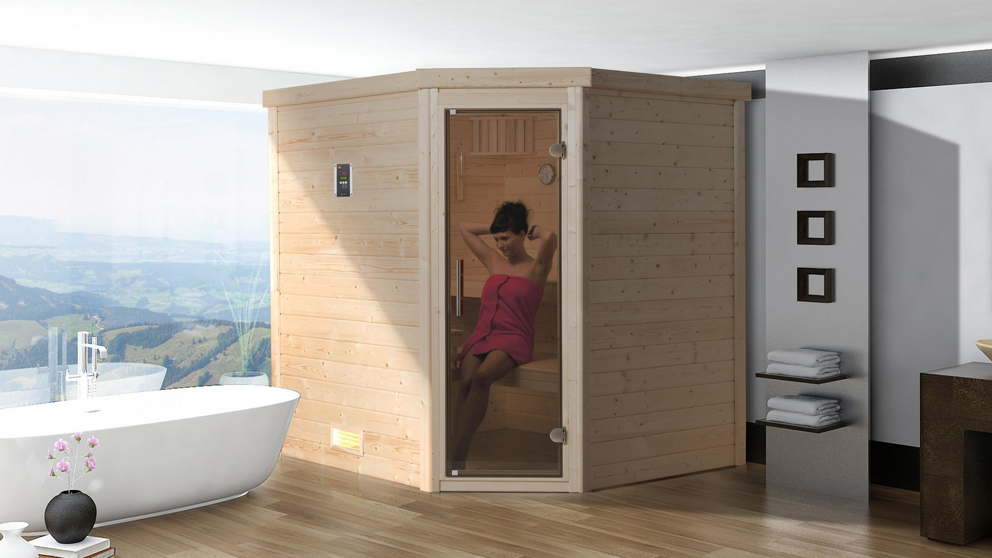 Weka Premium-Massivholzsauna 'Turku 1 Eck' mit 7,5 kW OS-Ofenset, Steuerung, Glastür 188 x 171 x 205 cm